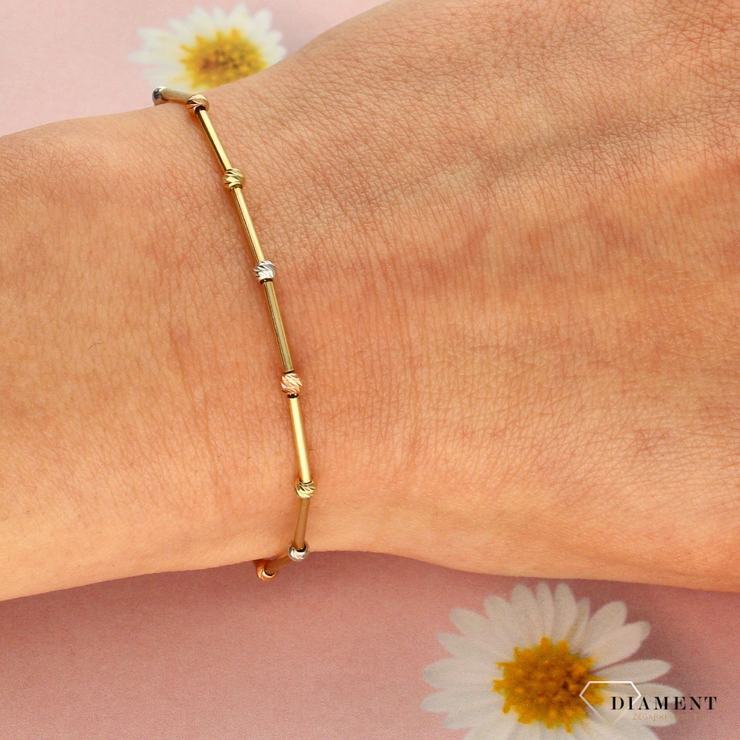 Złota bransoletka damska kuleczki 585 białe, różowe i żółte złoto OPB000000-263.jpg
