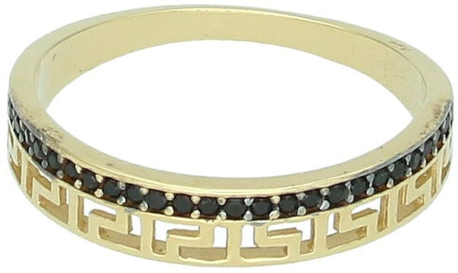 Złoty pierścionek damski próby 585 z czarnymi cyrkoniami i greckim wzorem. Model OPP000000-030, rozmiar 16, waga 1,97 g. Stylowa biżuteria z charakterem.1.jpg
