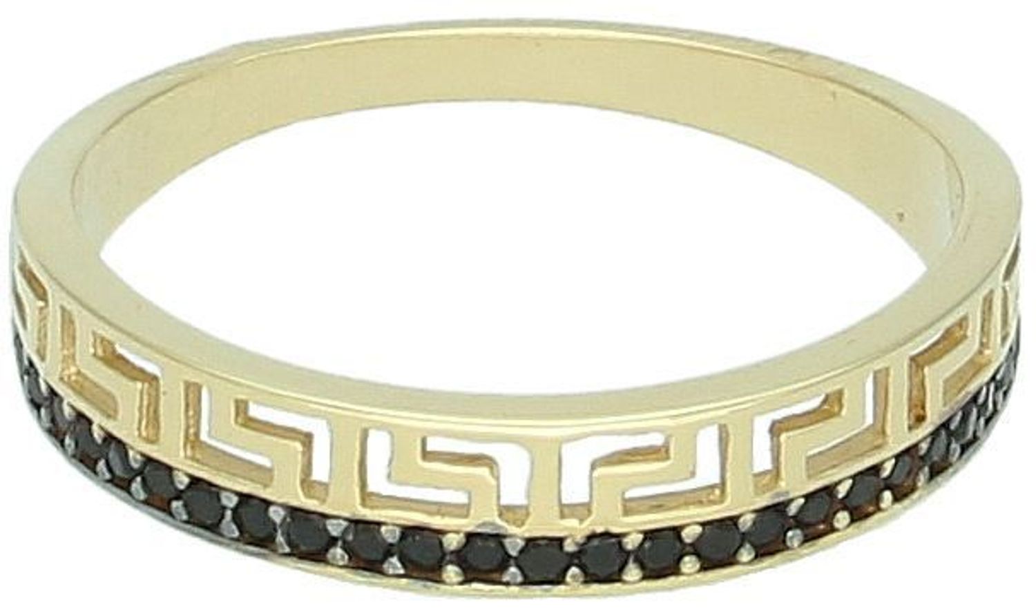 Złoty pierścionek damski próby 585 z czarnymi cyrkoniami i greckim wzorem. Model OPP000000-030, rozmiar 16, waga 1,97 g. Stylowa biżuteria z charakterem.1.jpg