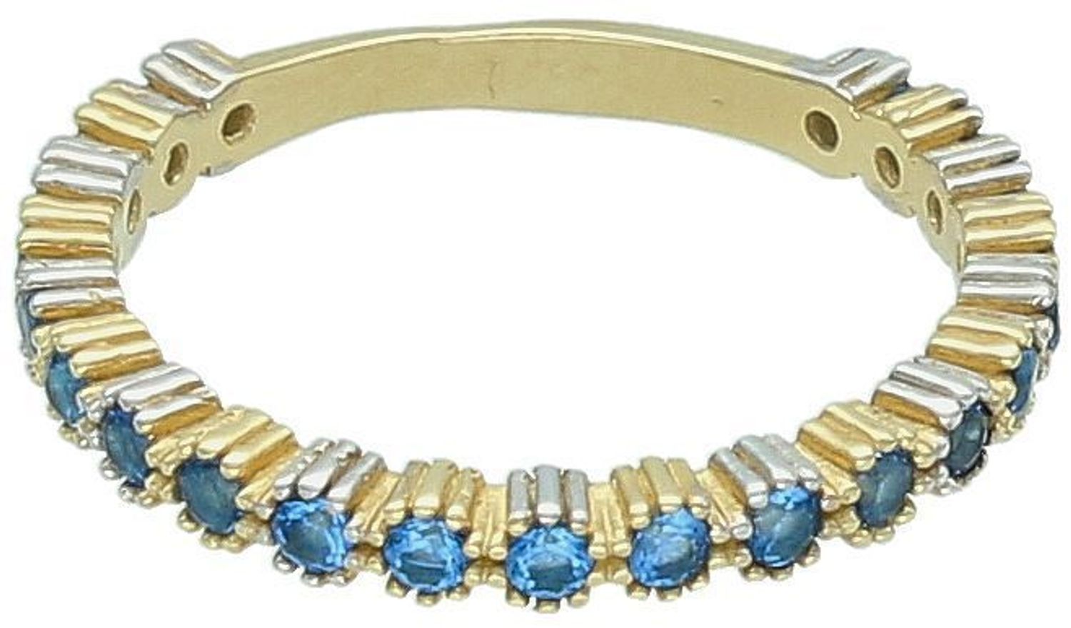 Złoty pierścionek próby 585 z niebieskimi cyrkoniami to delikatna biżuteria o wyrazistym charakterze. Elegancki, lekki i idealny na prezent. Sprawdź!1.jpg