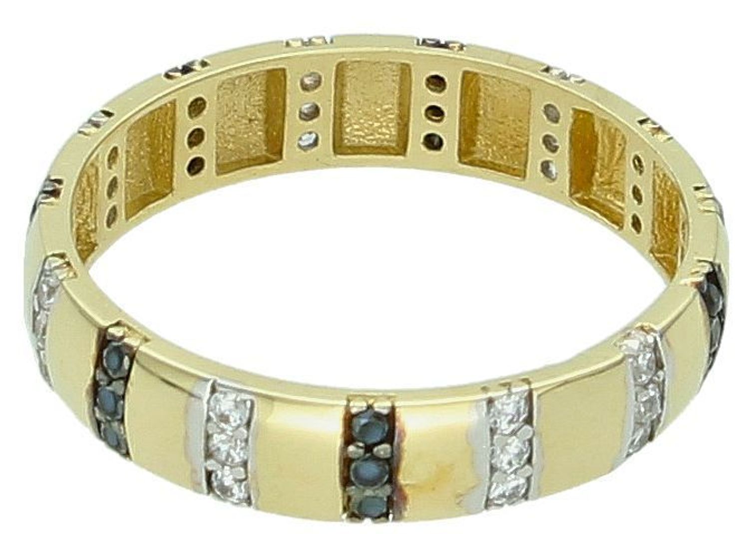 Złoty pierścionek damski 585 Obrączka z paskami z cyrkonii. Pierścionek wykonany z 14 karatowego złota. Złota obrączka z pionowymi rzędami białych i czarnych cyrkonii.1.jpg