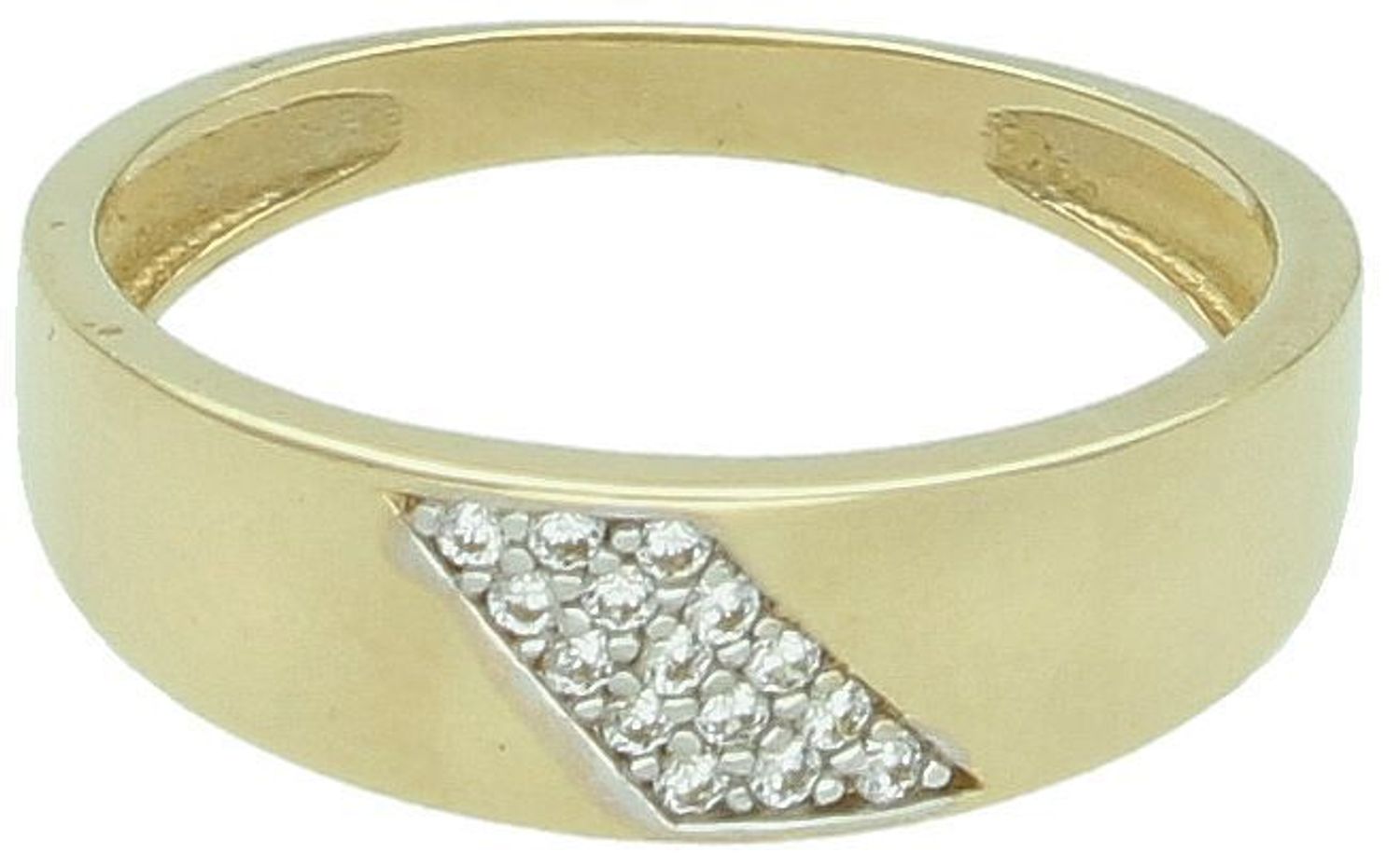 Złoty pierścionek damski w formie obrączki z cyrkonią, próba 585, rozmiar 13. Waga 2,29 g, szerokość góry 5 mm – klasyka i blask w jednym.1.jpg