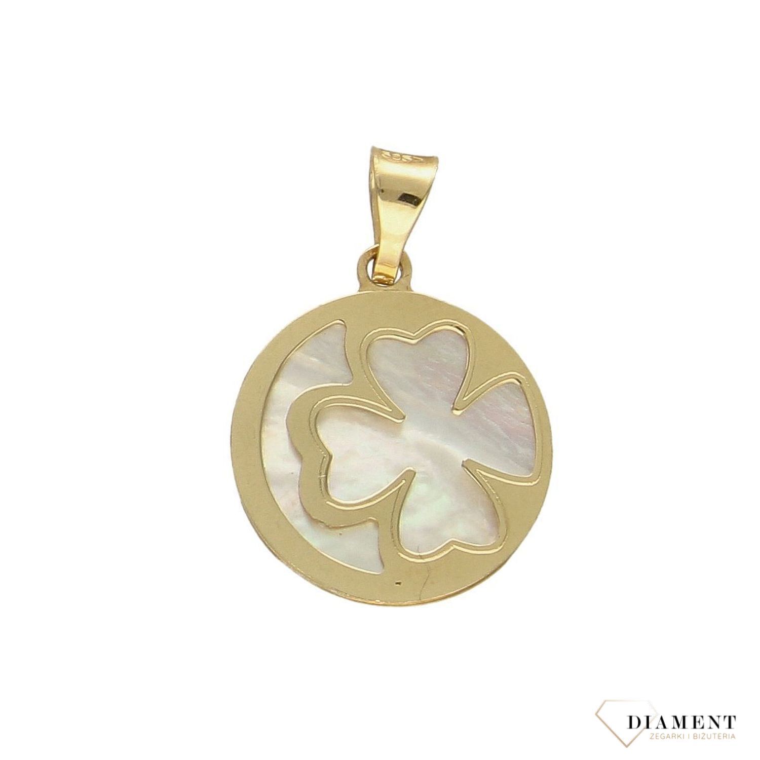 Złota zawieszka 585 koniczynka w kółku masa perłowa OPZ000000-325.jpg