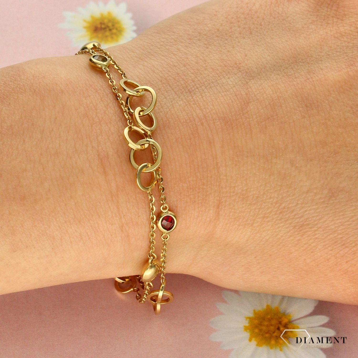 Złota bransoletka damska kółeczka z cyrkonią 585 żółte złoto OUB000000 042.jpg