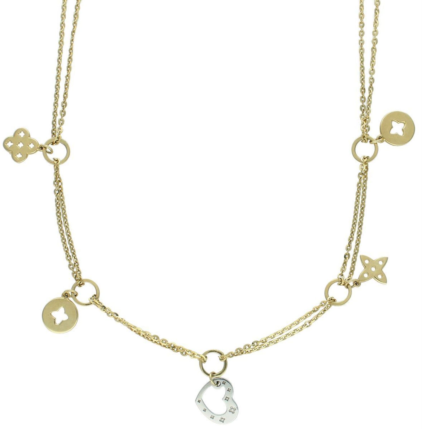 Złoty naszyjnik damski LV wiszące serce, kółko i koniczyny LV 585 OUN000000-039. Prezentowany złoty naszyjnik to doskonała propozycja dla kobiet, które cenią sobie uniwersalne i oryginalne 1.jpg