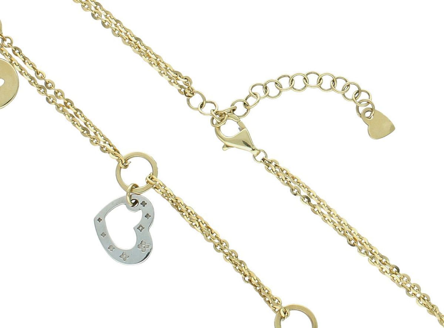 Złoty naszyjnik damski LV wiszące serce, kółko i koniczyny LV 585 OUN000000-039. Prezentowany złoty naszyjnik to doskonała propozycja dla kobiet, które cenią sobie uniwersalne i oryginalne 1.jpg