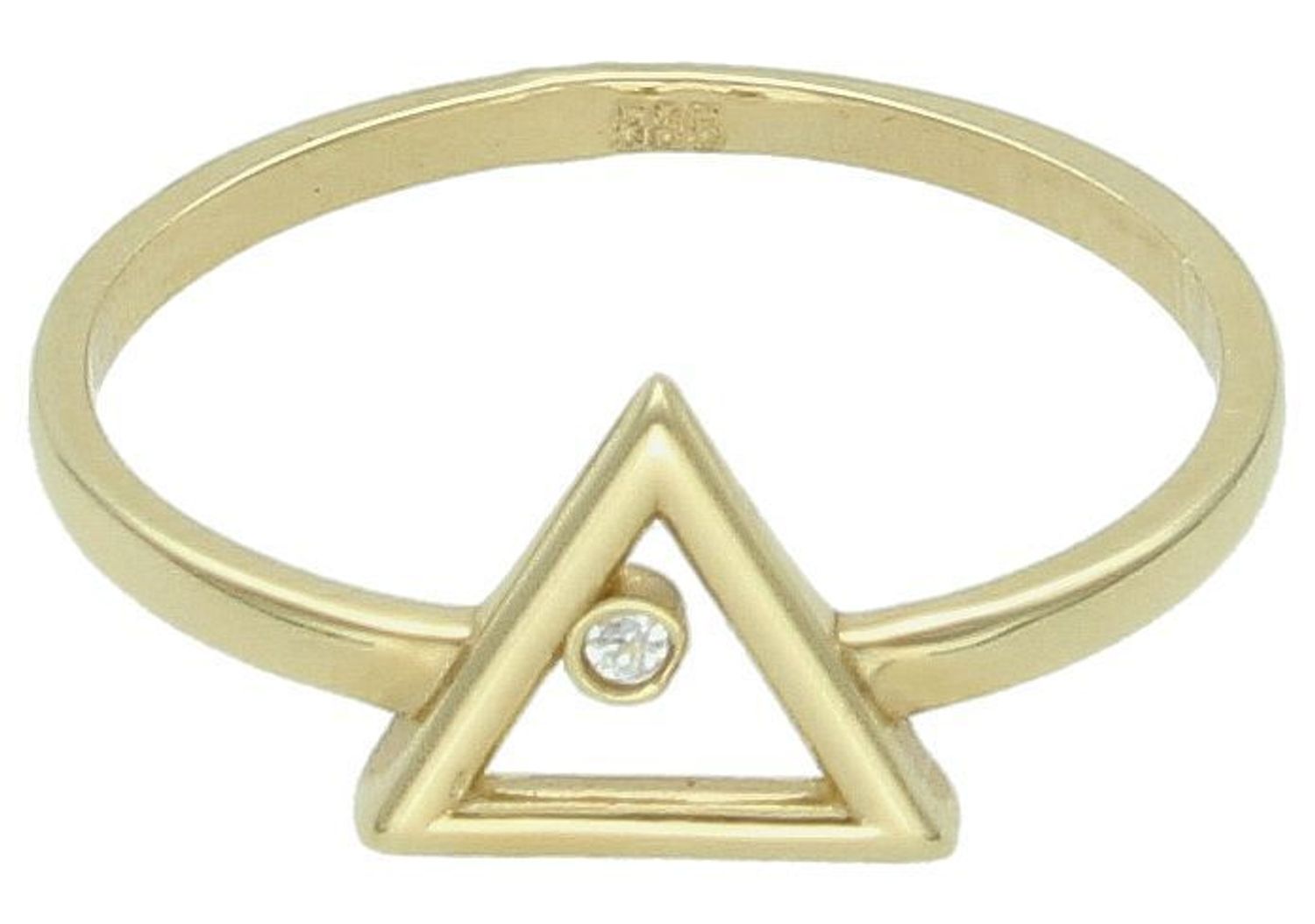 Pierścionek złoty z trójkącikiem i cyrkonią 585 OUP000000-020  Przepiękny pierścionek z motywem trójkąta z pojedynczym oczkiem. Pierścionek z wysokiej jakości 14-karatowego złota. 1.jpg