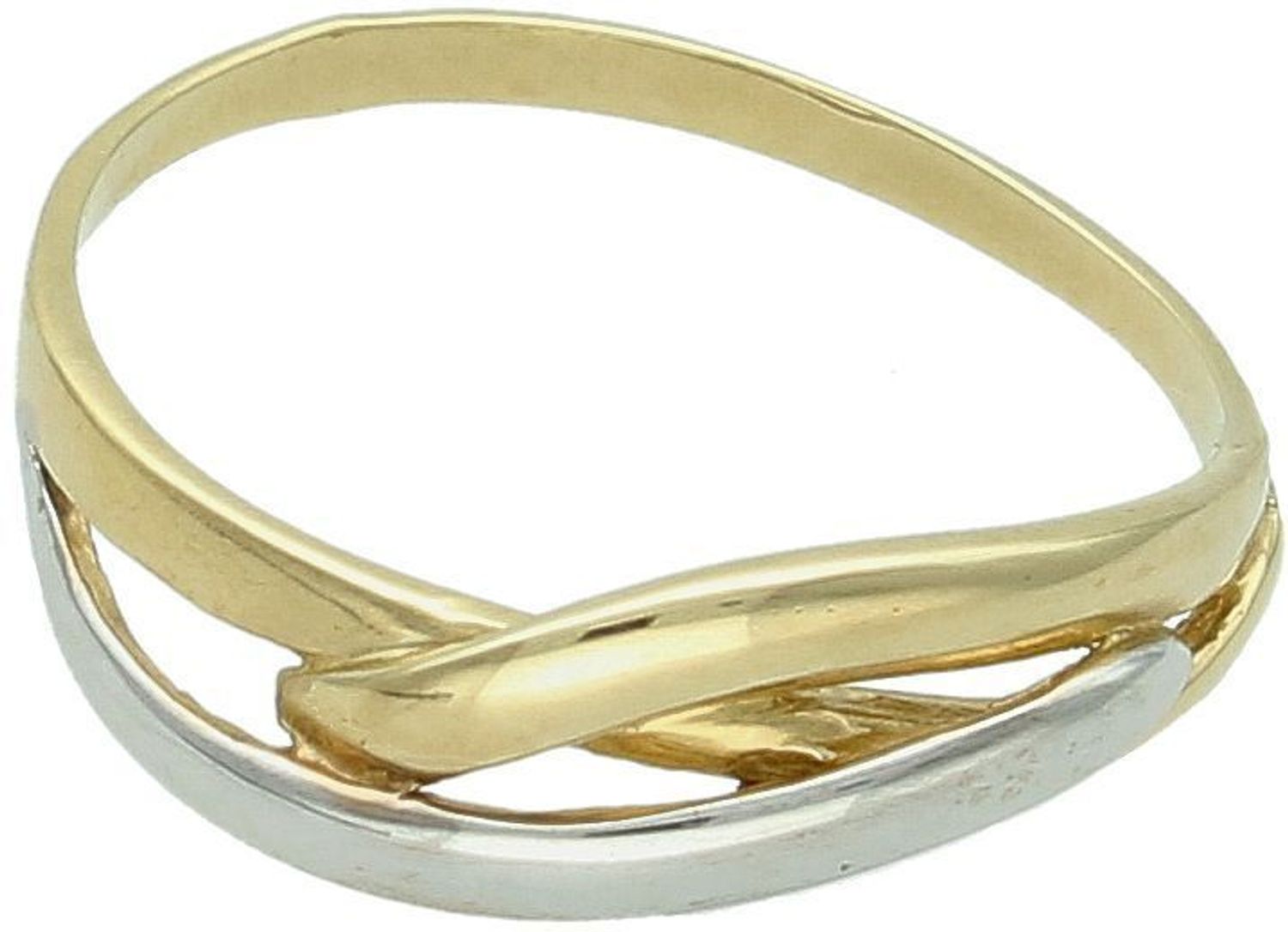 Złoty pierścionek damski próby 585 z plecionym wzorem i akcentem białego złota. Szerokość górna 6 mm, szyna 2 mm, waga 2,68 g. Model OUP000000-082 – klasyka i elegancja w jednym.1.jpg