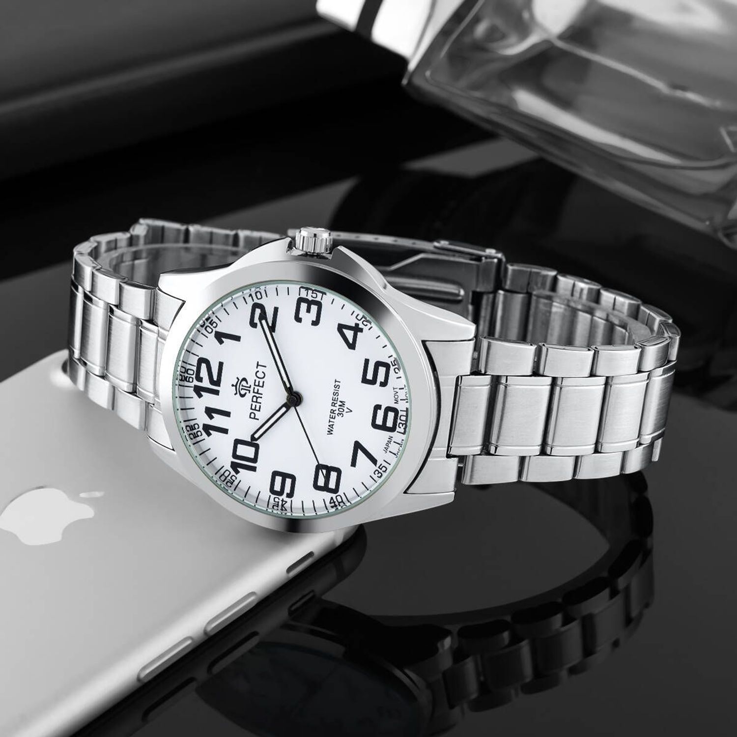 Zegarek męski Perfect P012-01 na srebrnej bransolecie. Męski zegarek Perfect. Zegarek męski na czarnym pasku. Zegarek męski klasyczny. Zegarek męski na prezent. Zegarek z wyraźną tarcza (2).jpg