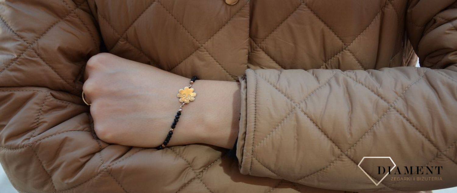 Bransoletka srebrna na gumce z koniczynką w onyksach 14614-P.jpg