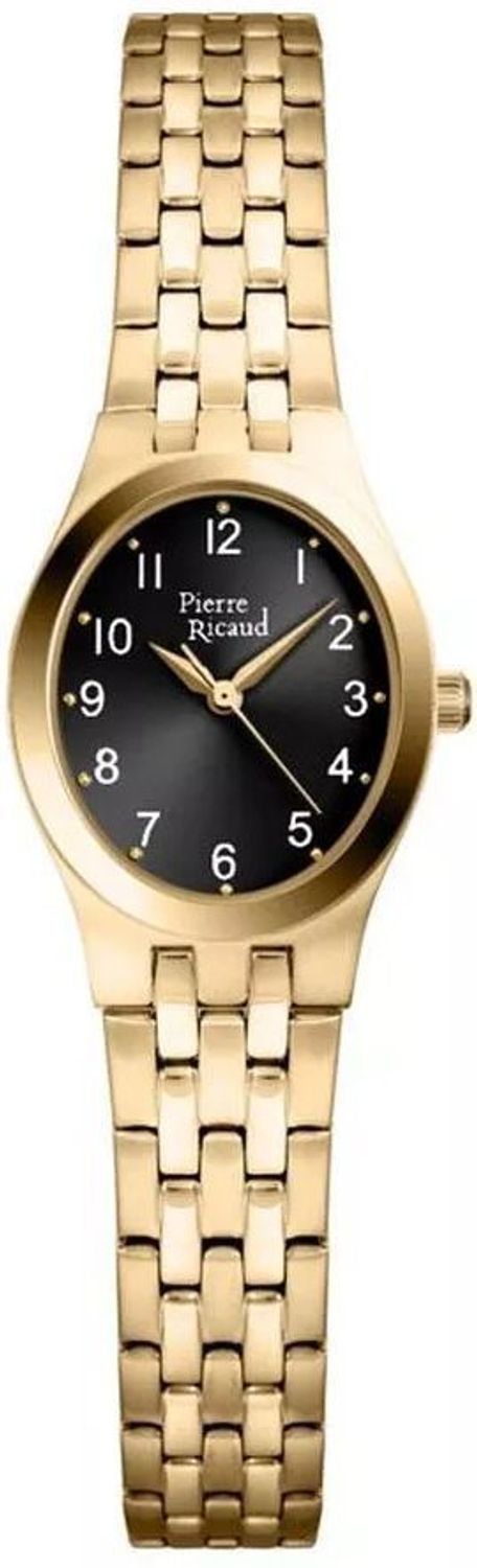 Damski zegarek Pierre Ricaud P21031.1124Q Classic z czarną tarczą, złotą kopertą i stalową bransoletą z potrójnym zapięciem. Elegancja, trwałość i klasyczny design.1.jpg