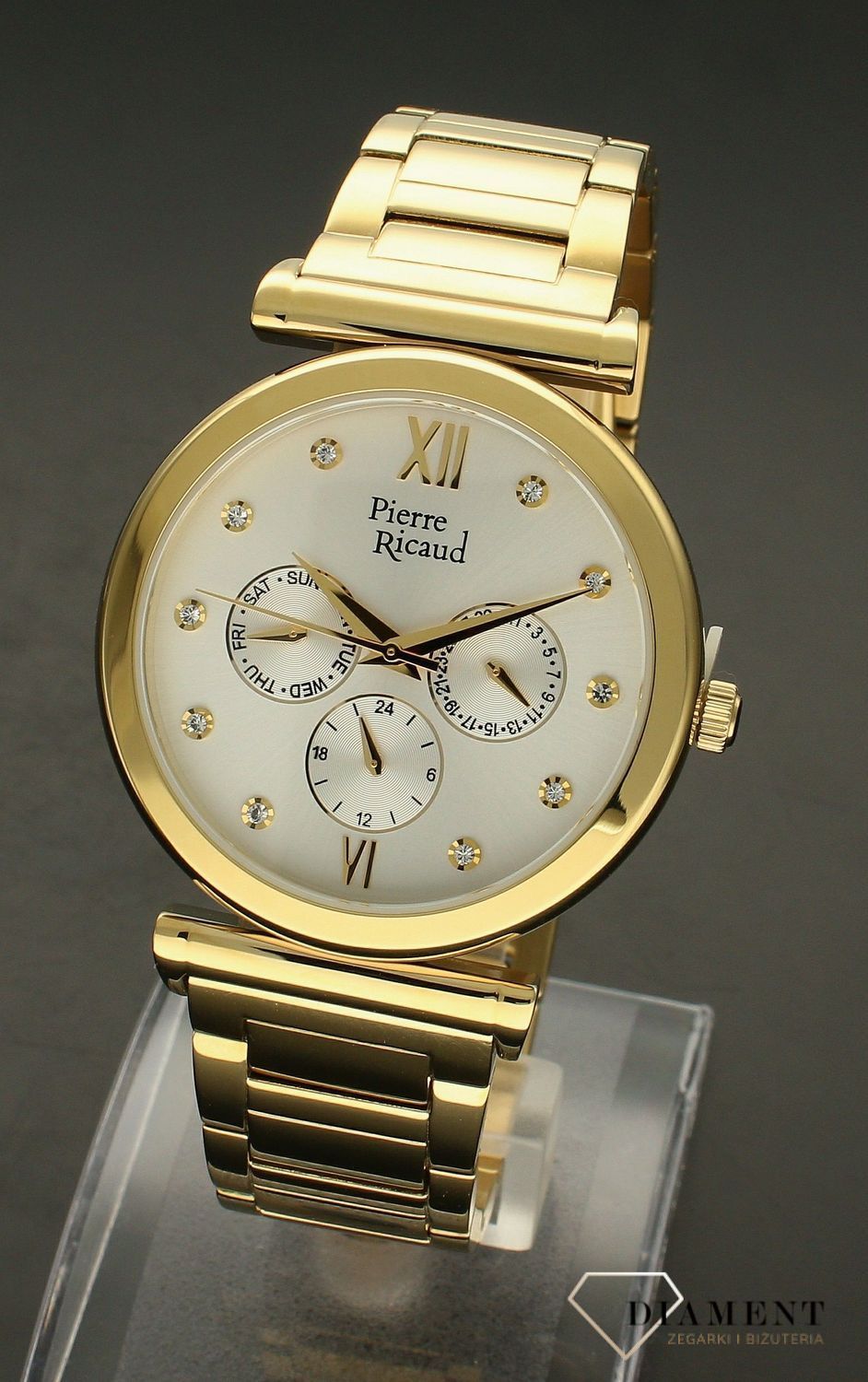 Zegarek damski na złotej bransolecie Pierre Ricaud P22007.1163FZ. Zegarek damski na złotej bransolecie Pierre Ricaud wyposażony jest w kwarcowy mechanizm, zasilany za pomocą baterii. Zegarek damski idealny na prezent. Modowy (3).jpg
