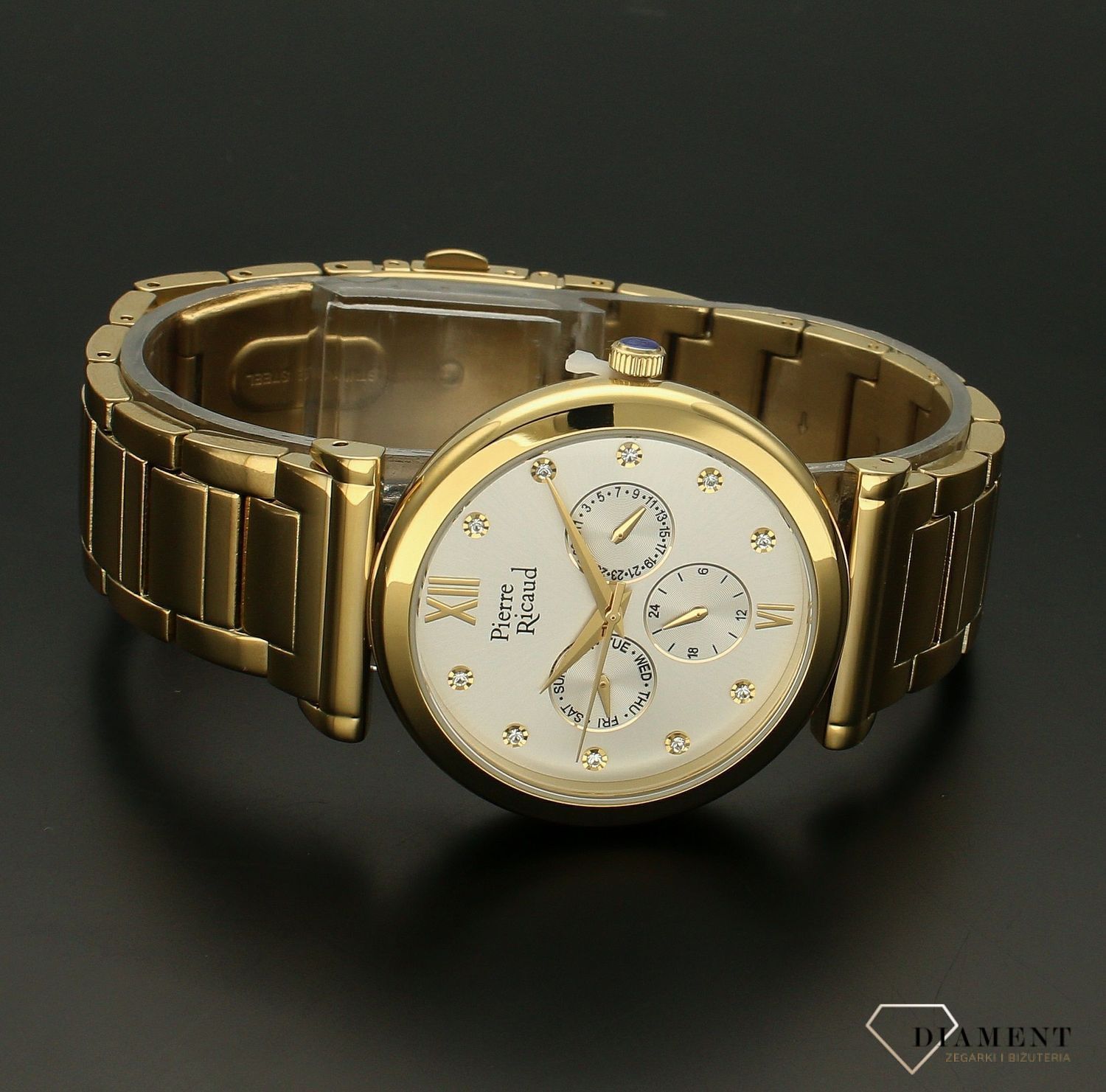 Zegarek damski na złotej bransolecie Pierre Ricaud P22007.1163FZ. Zegarek damski na złotej bransolecie Pierre Ricaud wyposażony jest w kwarcowy mechanizm, zasilany za pomocą baterii. Zegarek damski idealny na prezent. Modowy (3).jpg
