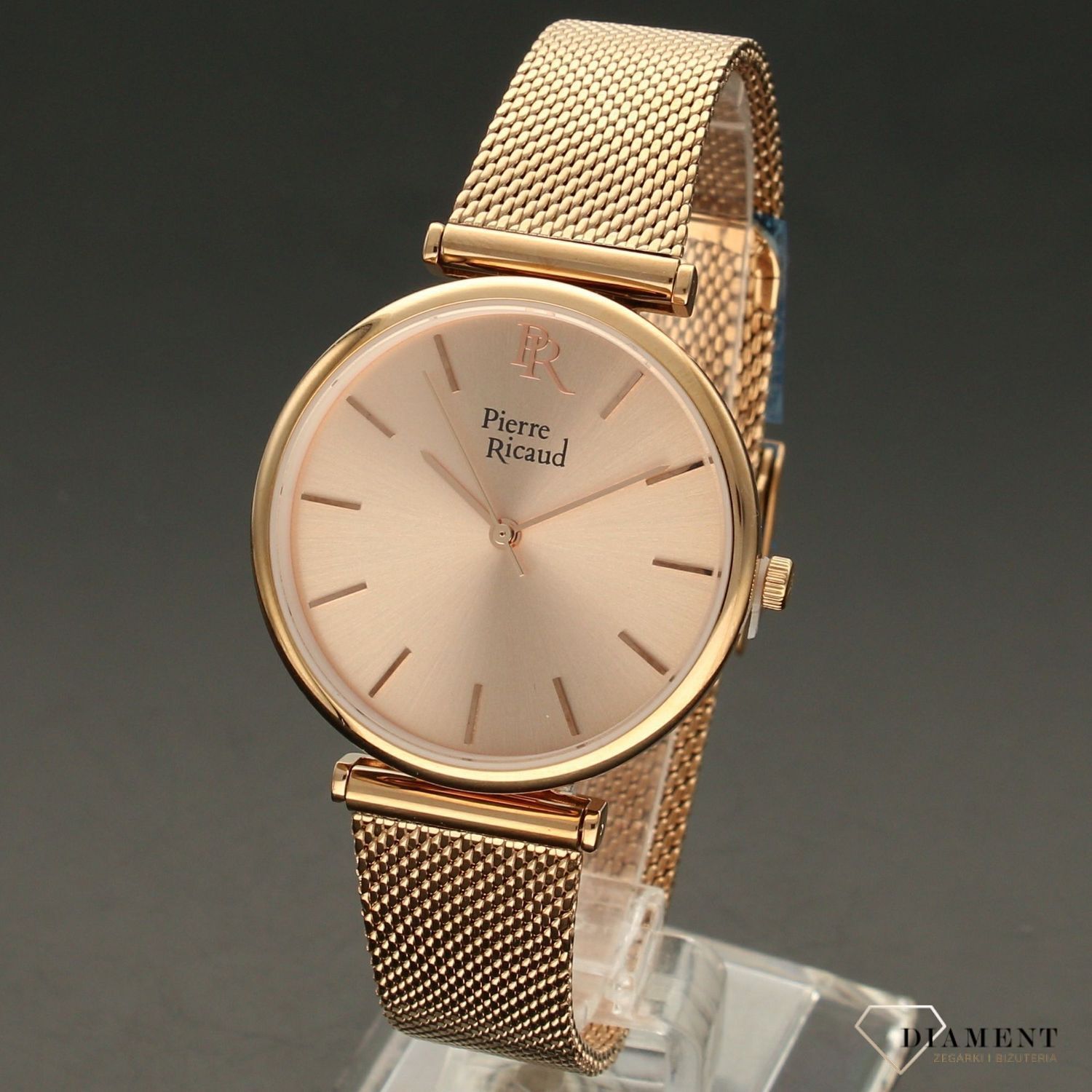 Zegarek damski w kolorze różowego złota. Zegarek damski z dodatkowym wymiennym paskiem skórzanym w kolorze szarym. Idealny pomysł na prezent (1).jpg