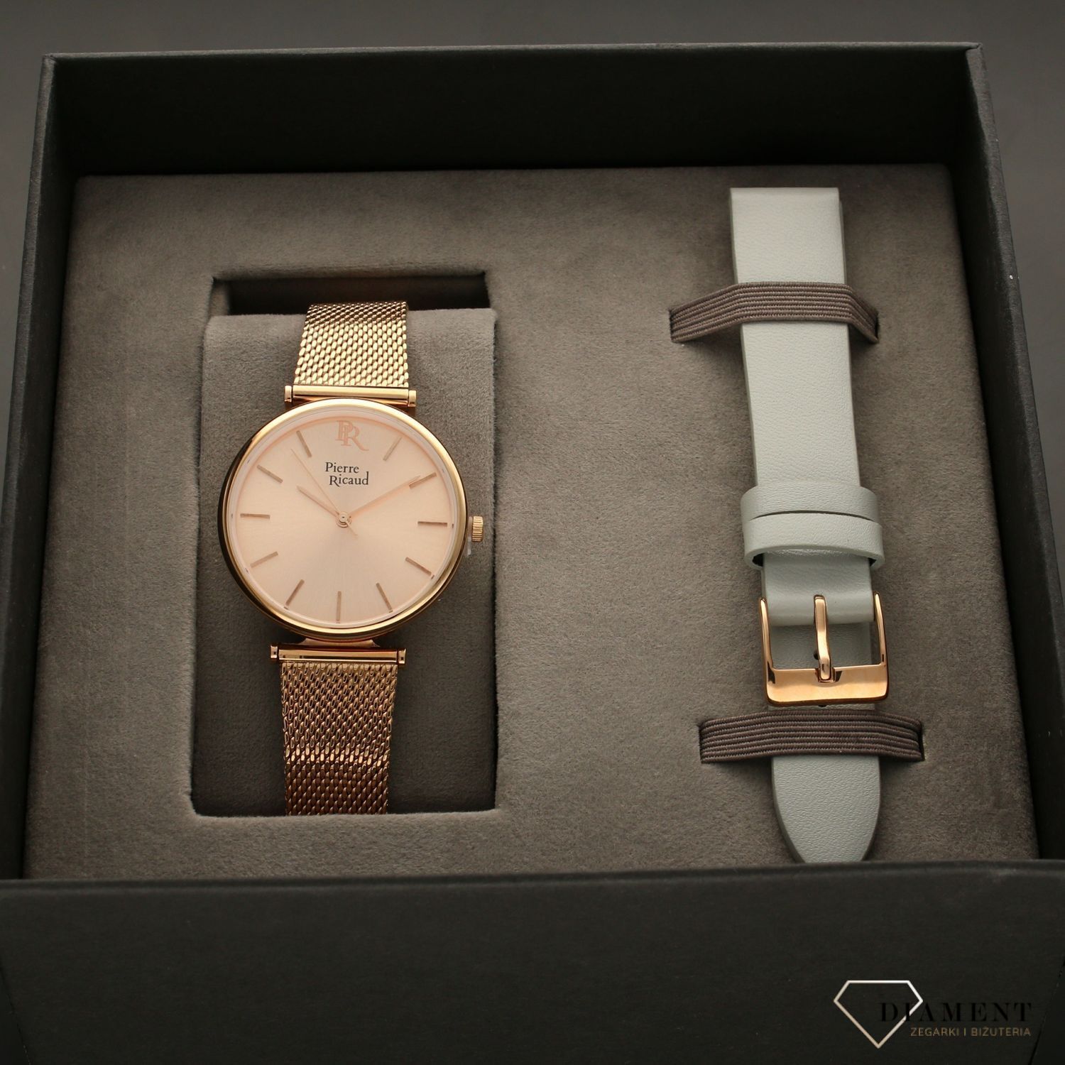 Zegarek damski w kolorze różowego złota. Zegarek damski z dodatkowym wymiennym paskiem skórzanym w kolorze szarym. Idealny pomysł na prezent (1).jpg