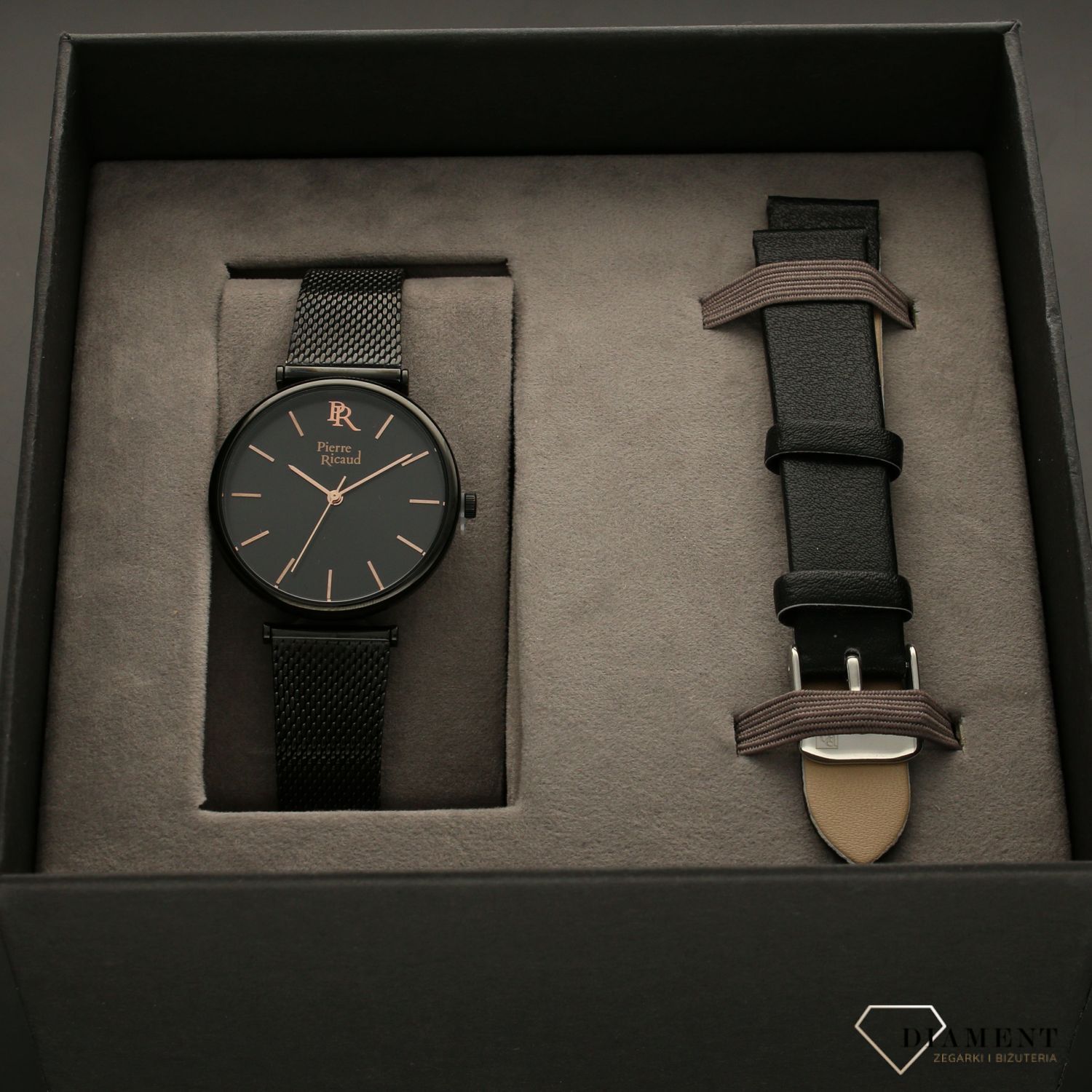 Modny zegarek damski w kolorze czarnym. Zegarek damski Set z dołączonym paskiem skórzanym w kolorze czarnym. Idealny pomysł na prezent (1).jpg