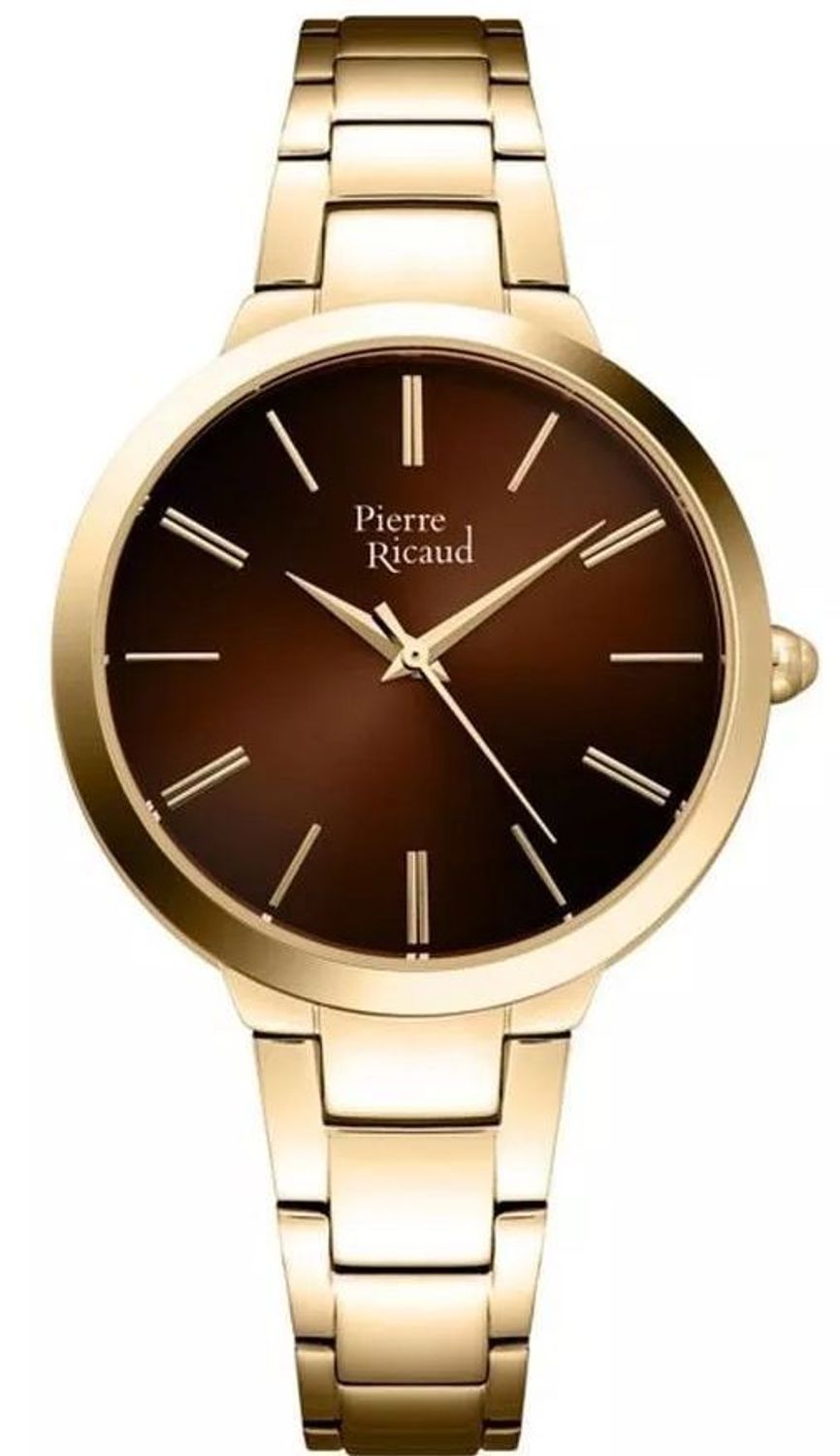 Zegarek męski Pierre Ricaud P22051.1A1GQ z mechanizmem kwarcowym, złotą kopertą PVD, brązową tarczą i stalową bransoletą z zapięciem typu H. Elegancja, trwałość i uniwersalny design.1.jpg
