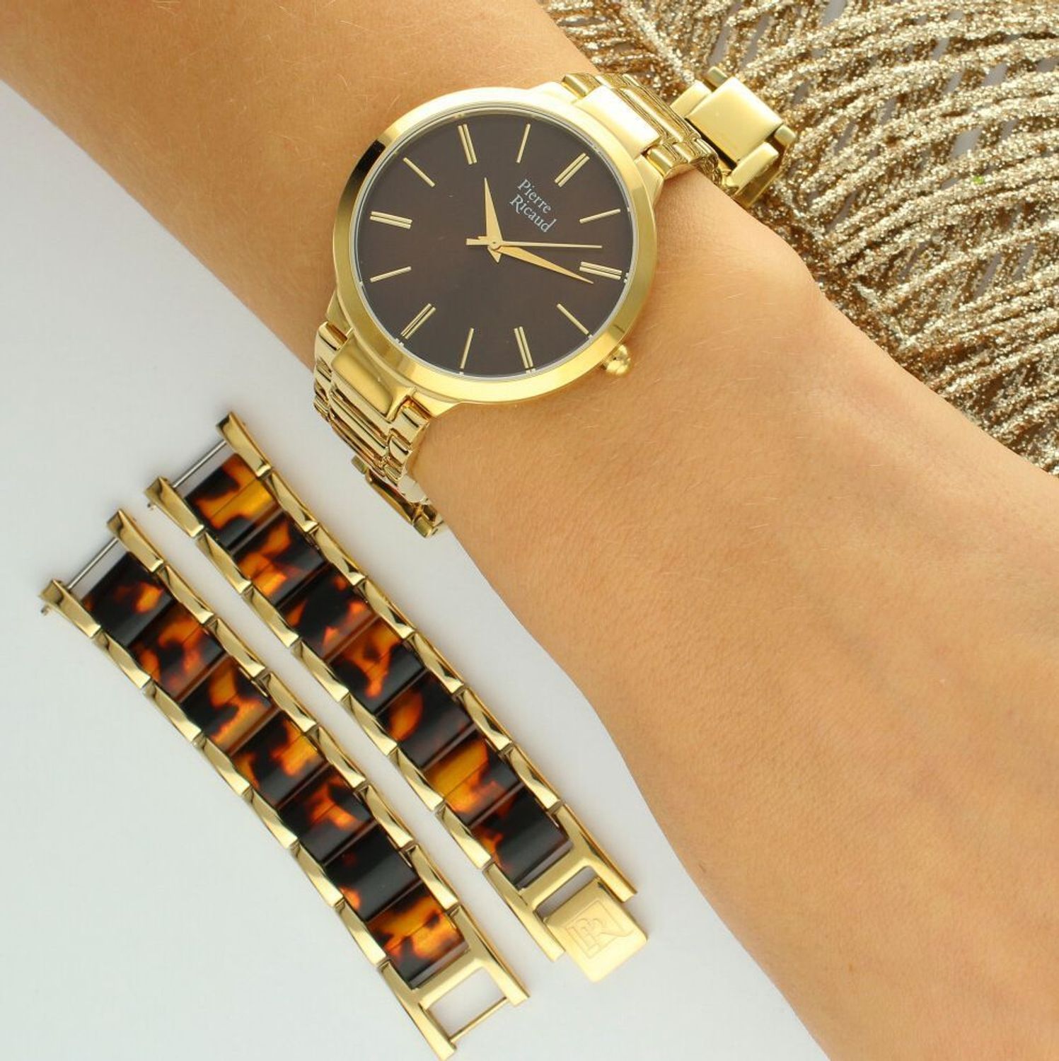 Zegarek męski Pierre Ricaud P22051.1A1GQ z mechanizmem kwarcowym, złotą kopertą PVD, brązową tarczą i stalową bransoletą z zapięciem typu H. Elegancja, trwałość i uniwersalny design.1.jpg
