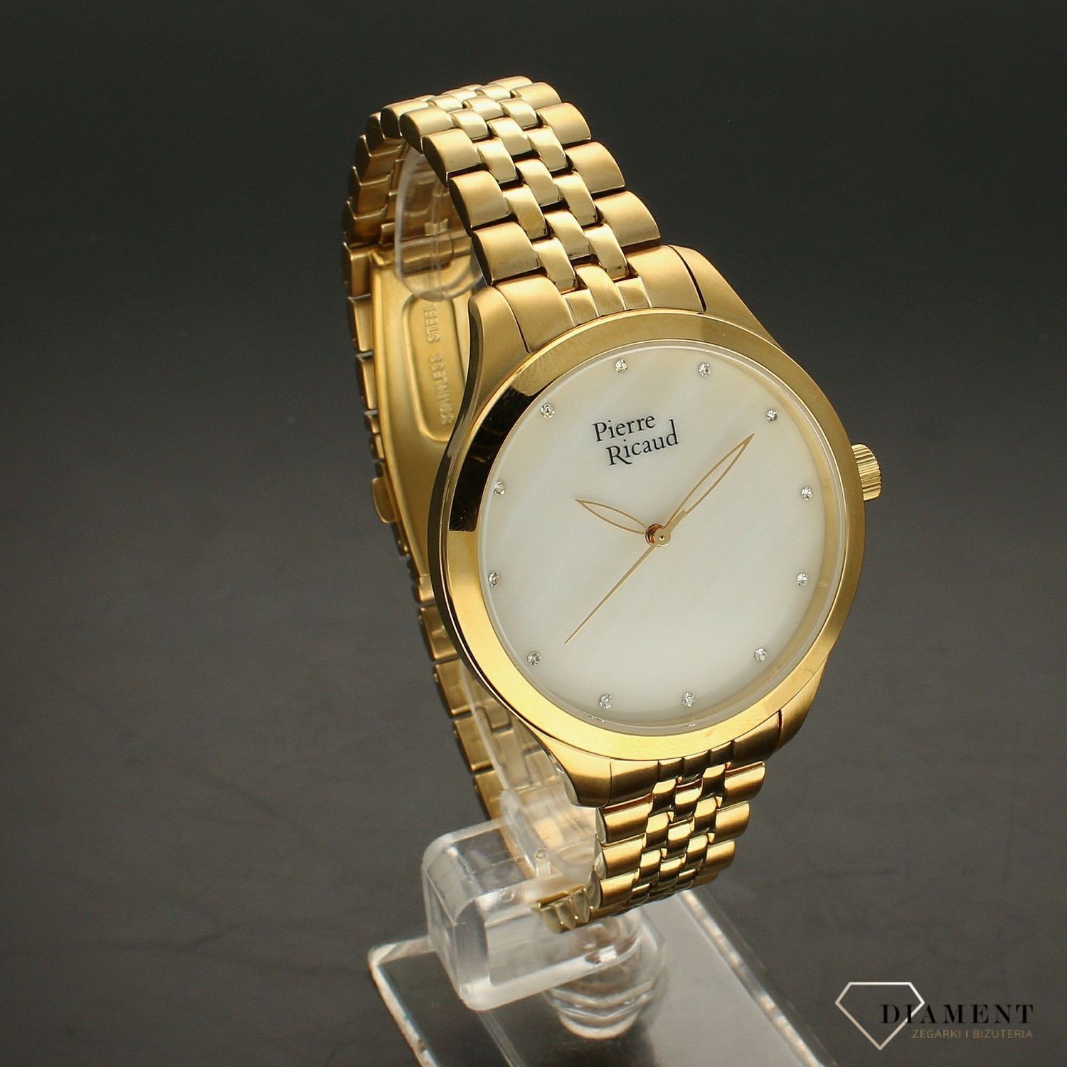 Zegarek damski Pierre Ricaud PP22063.114FQ na złotej bransolecie wykonany ze stali szlachetnej z mechanizmem kwarcowym, zasilanym za pomocą baterii. Posiada bardzo wysoką dokładność mierzenia czasu..webp