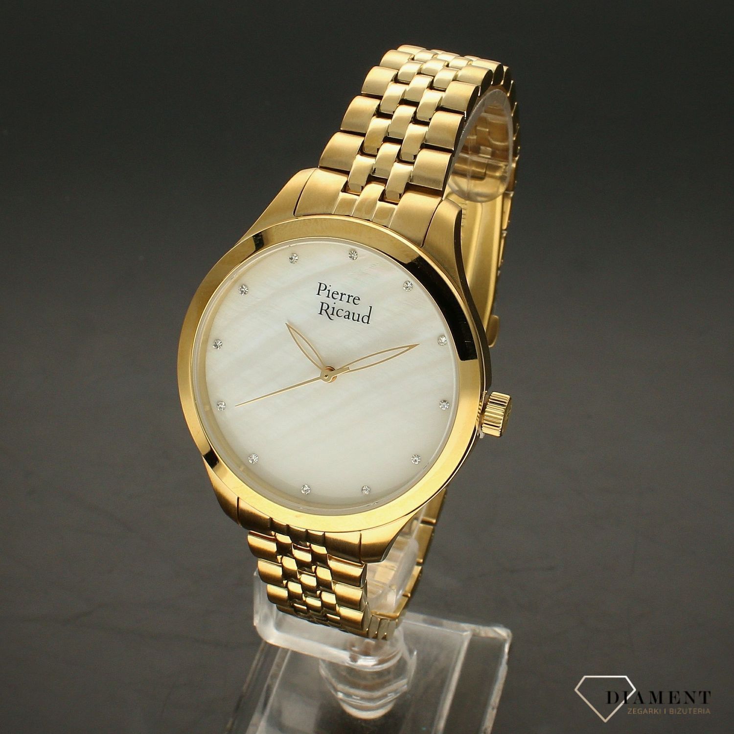 Zegarek damski Pierre Ricaud PP22063.114FQ na złotej bransolecie wykonany ze stali szlachetnej z mechanizmem kwarcowym, zasilanym za pomocą baterii. Posiada bardzo wysoką dokładność mierzenia czasu..webp