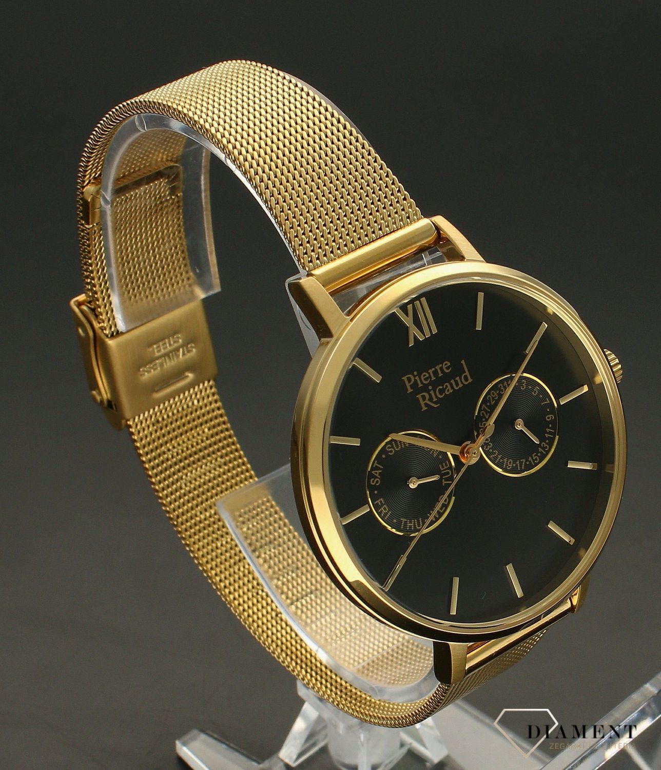 Zegarek damski na bransoletce złoty Pierre Ricaud duża tarcza P22110.1164QF. Zegarek damski duży. Wyraźny damski zegarek. Modny damski zegarek. Pomysł na prezent dla kobiety..jpg