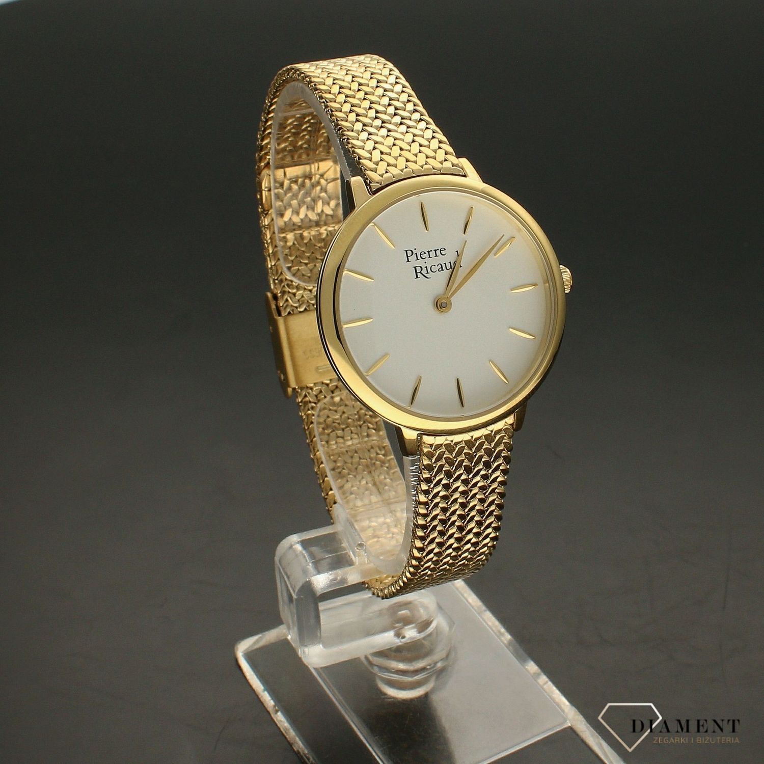 Zegarek damski Pierre Ricaud P22121.1113Q na złotej bransolecie wykonany ze stali szlachetnej z mechanizmem kwarcowym, zasilanym za pomocą baterii..webp