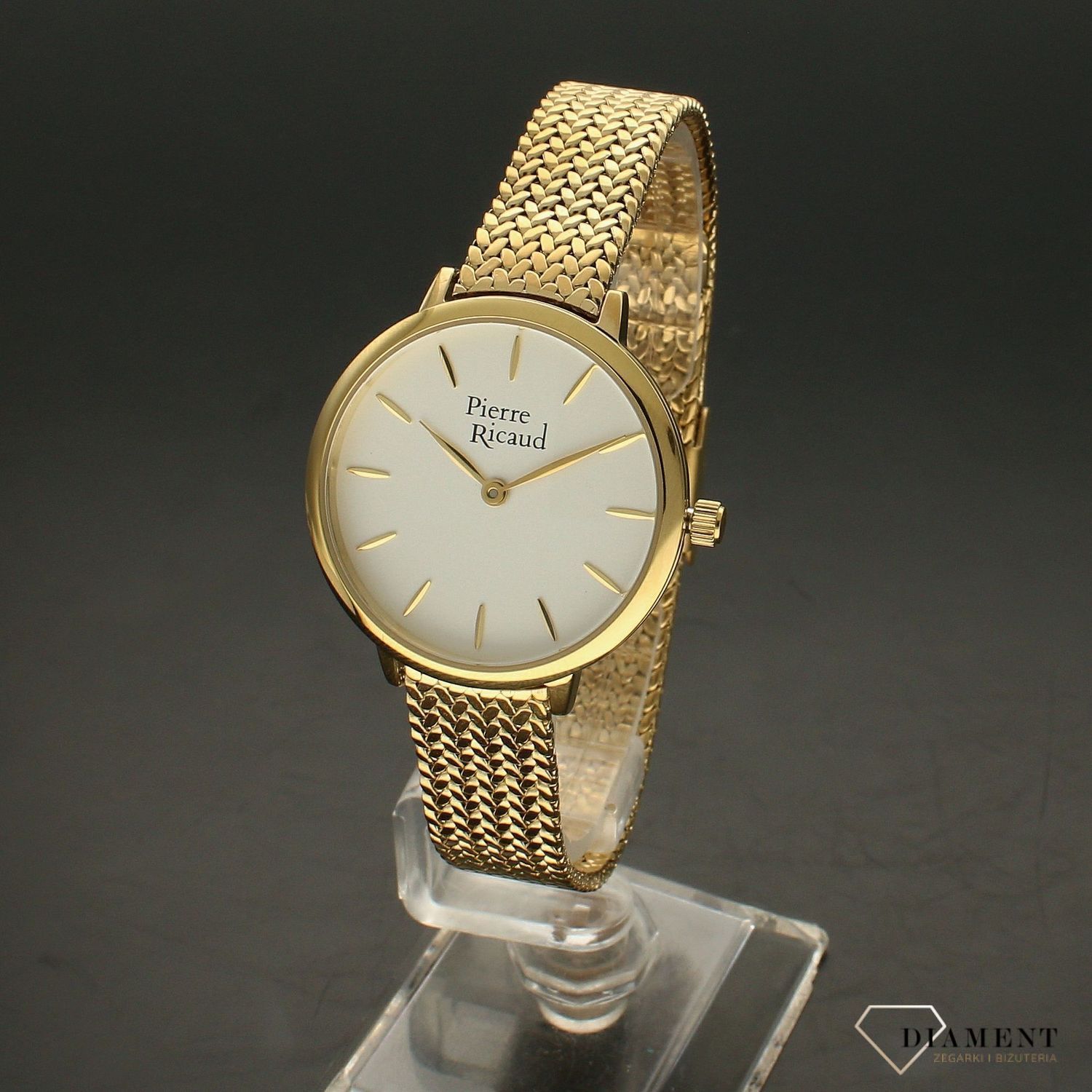 Zegarek damski Pierre Ricaud P22121.1113Q na złotej bransolecie wykonany ze stali szlachetnej z mechanizmem kwarcowym, zasilanym za pomocą baterii..webp