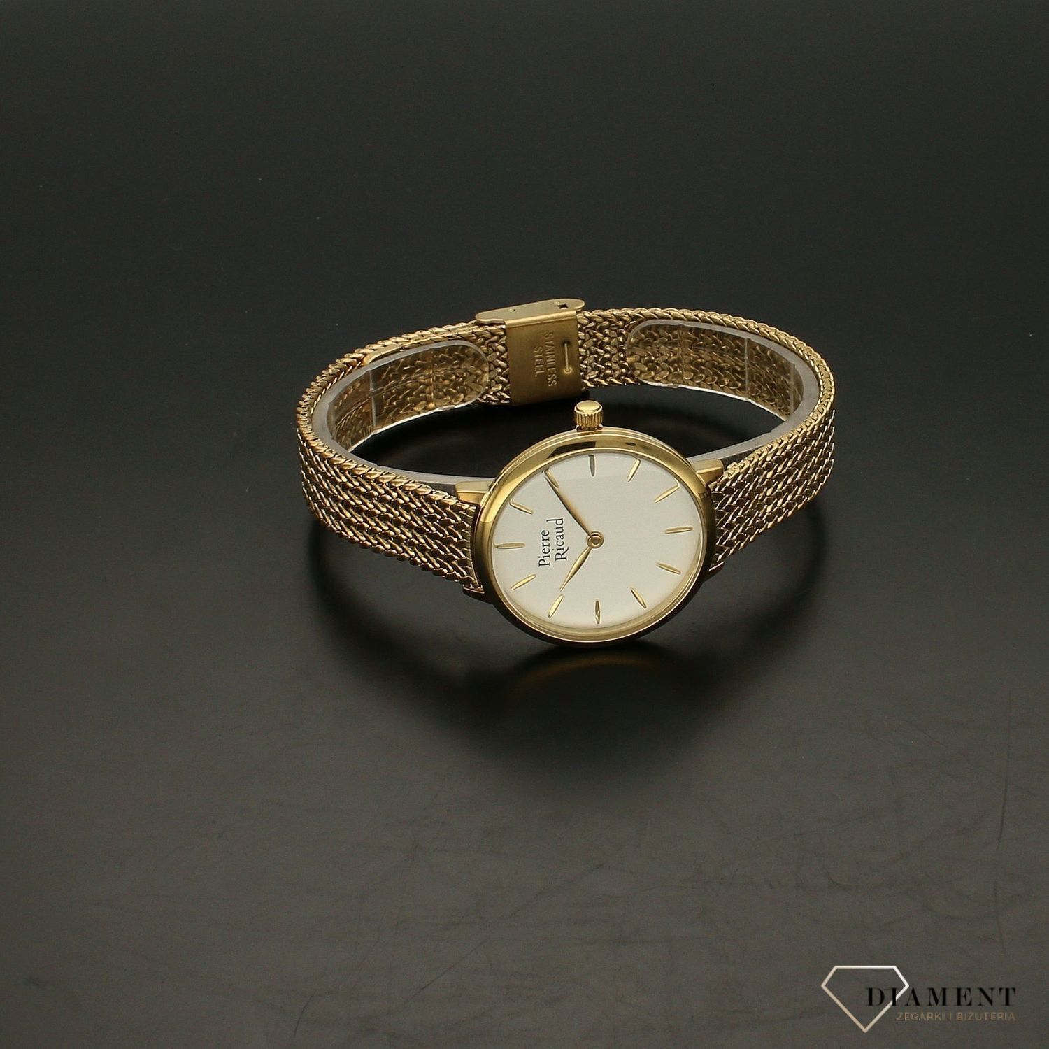 Zegarek damski Pierre Ricaud P22121.1113Q na złotej bransolecie wykonany ze stali szlachetnej z mechanizmem kwarcowym, zasilanym za pomocą baterii..webp