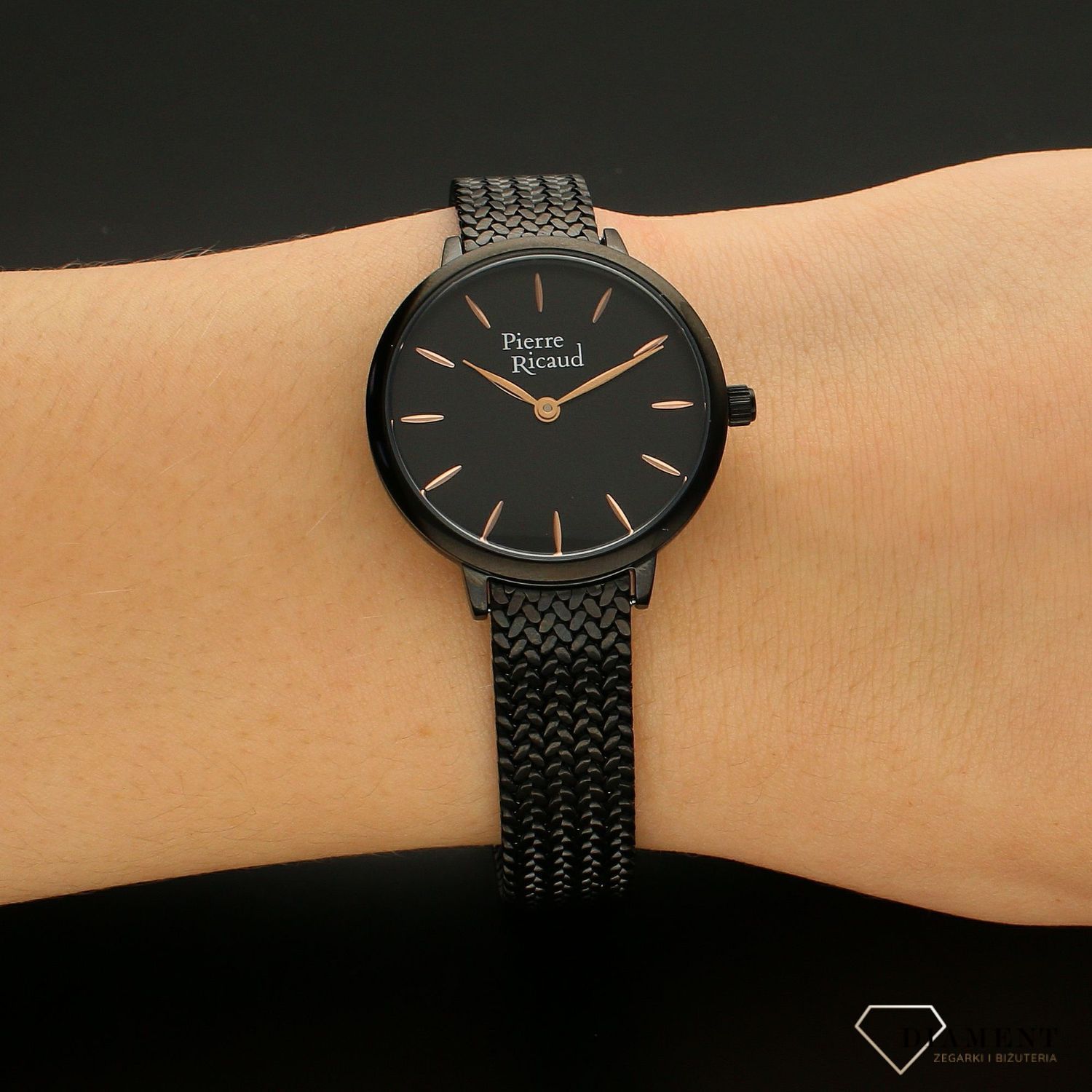 Zegarek damski Pierre Ricaud P22121.B114Q na czarnej bransolecie wykonany ze stali szlachetnej z mechanizmem kwarcowym, zasilanym za pomocą baterii.webp
