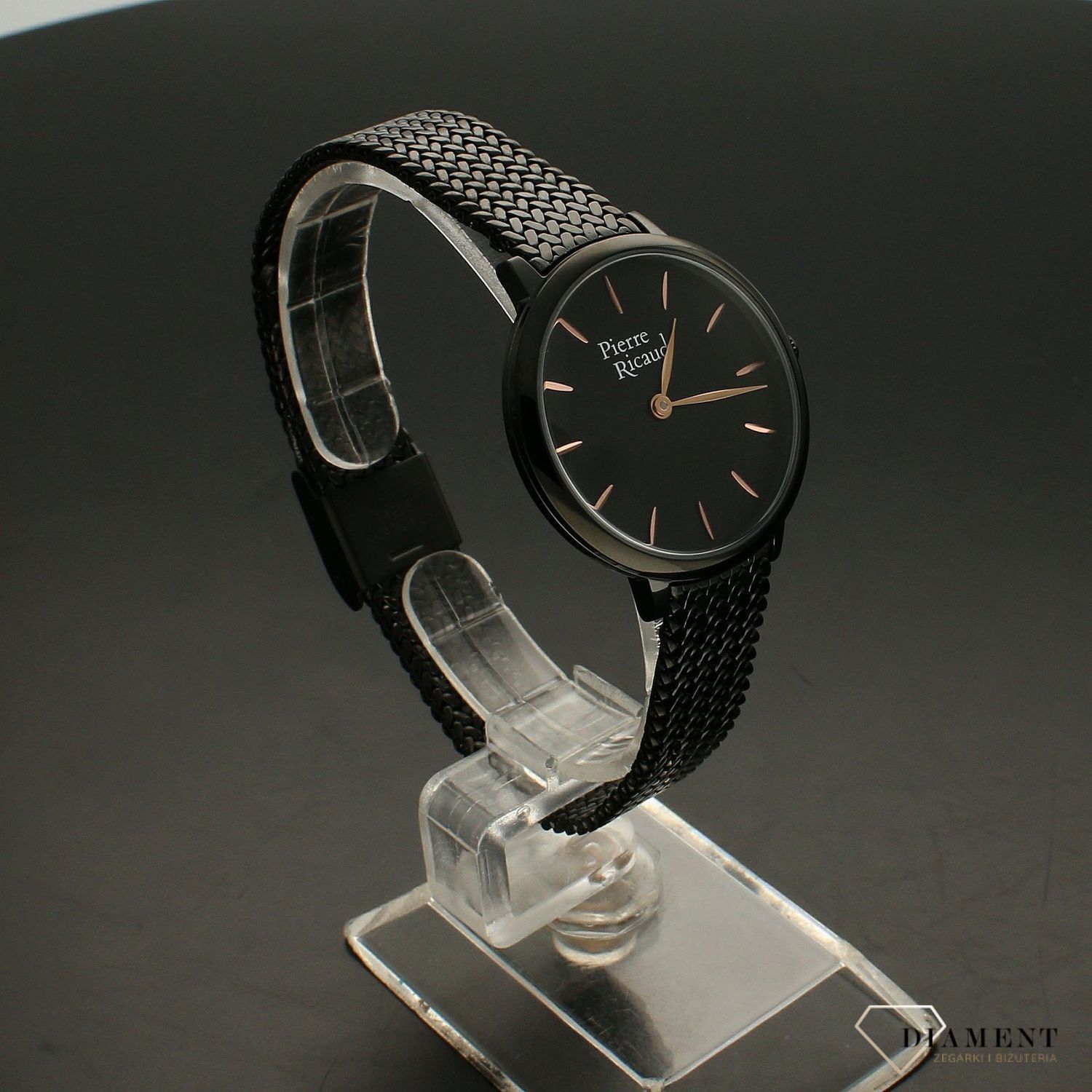 Zegarek damski Pierre Ricaud P22121.B114Q na czarnej bransolecie wykonany ze stali szlachetnej z mechanizmem kwarcowym, zasilanym za pomocą baterii.webp