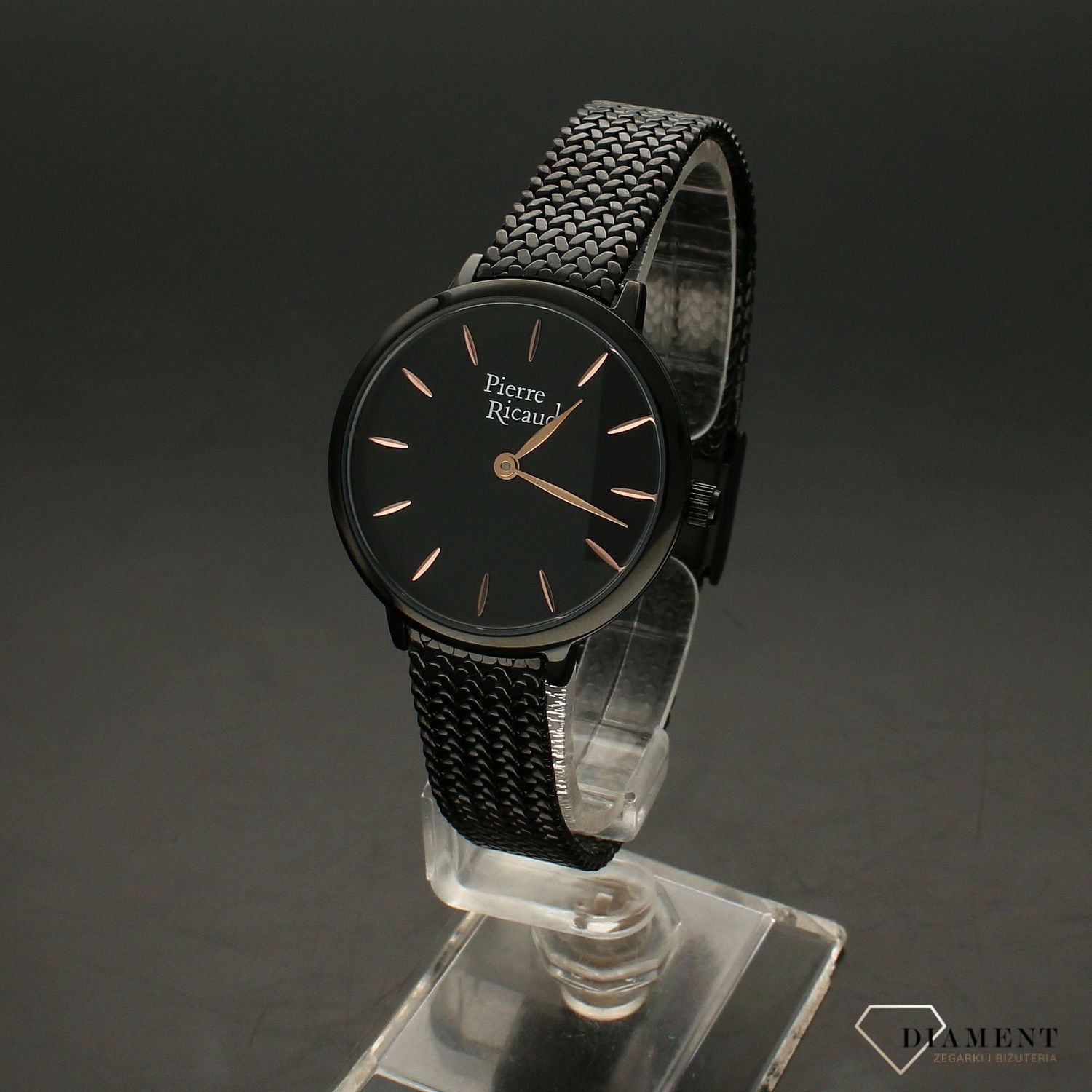 Zegarek damski Pierre Ricaud P22121.B114Q na czarnej bransolecie wykonany ze stali szlachetnej z mechanizmem kwarcowym, zasilanym za pomocą baterii.webp