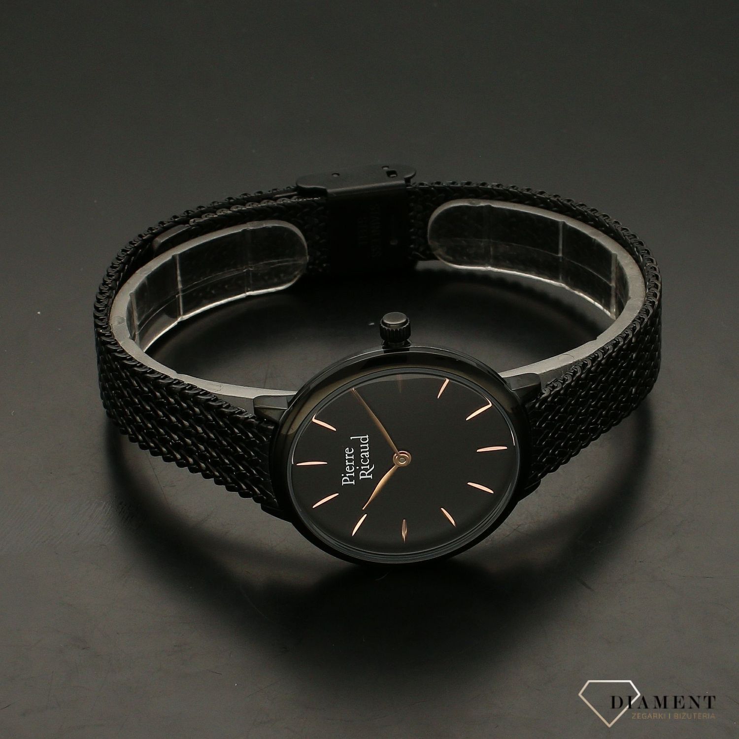 Zegarek damski Pierre Ricaud P22121.B114Q na czarnej bransolecie wykonany ze stali szlachetnej z mechanizmem kwarcowym, zasilanym za pomocą baterii.webp