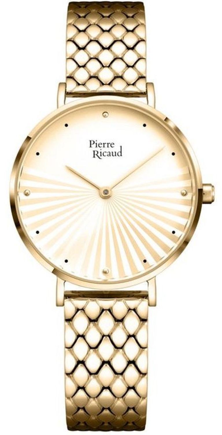 Damski zegarek Pierre Ricaud P22166.1141Q z owalną złotą kopertą PVD, dekoracyjną bransoletą, tarczą z szlifem słonecznym i cyrkoniami. Mechanizm Seiko Epson VJ20, szkło 1.jpg