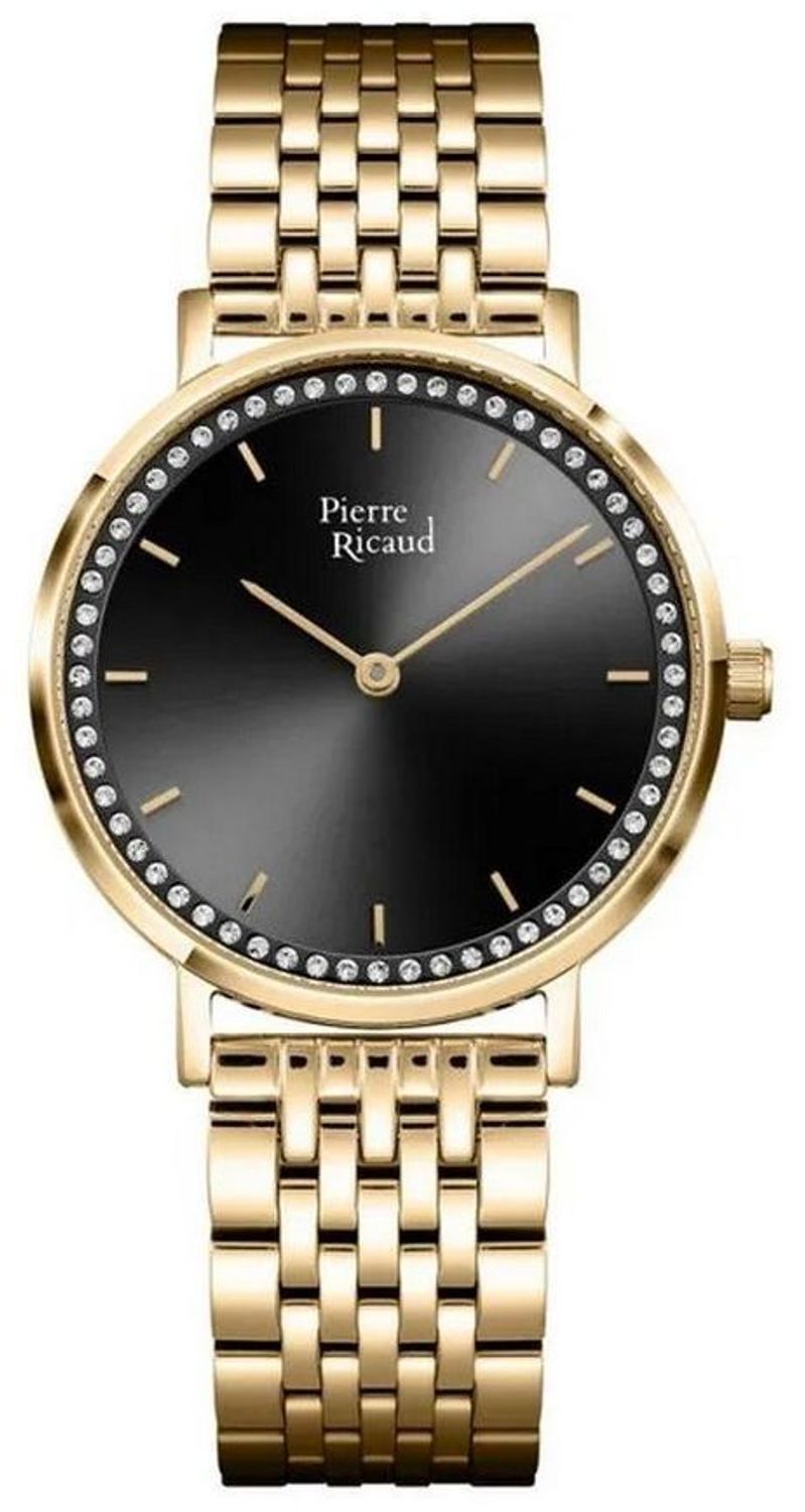 Damski zegarek Pierre Ricaud P22171.1114QZ Classic z czarną tarczą ozdobioną cyrkoniami, złotą kopertą PVD i stalową bransoletą. Mechanizm kwarcowy, szkło mineralne i elegancki design.1.jpg