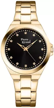 Zegarek damski na złotej bransolecie z czarną tarczą Pierre Ricaud szwajcar P23009.1144Q.webp