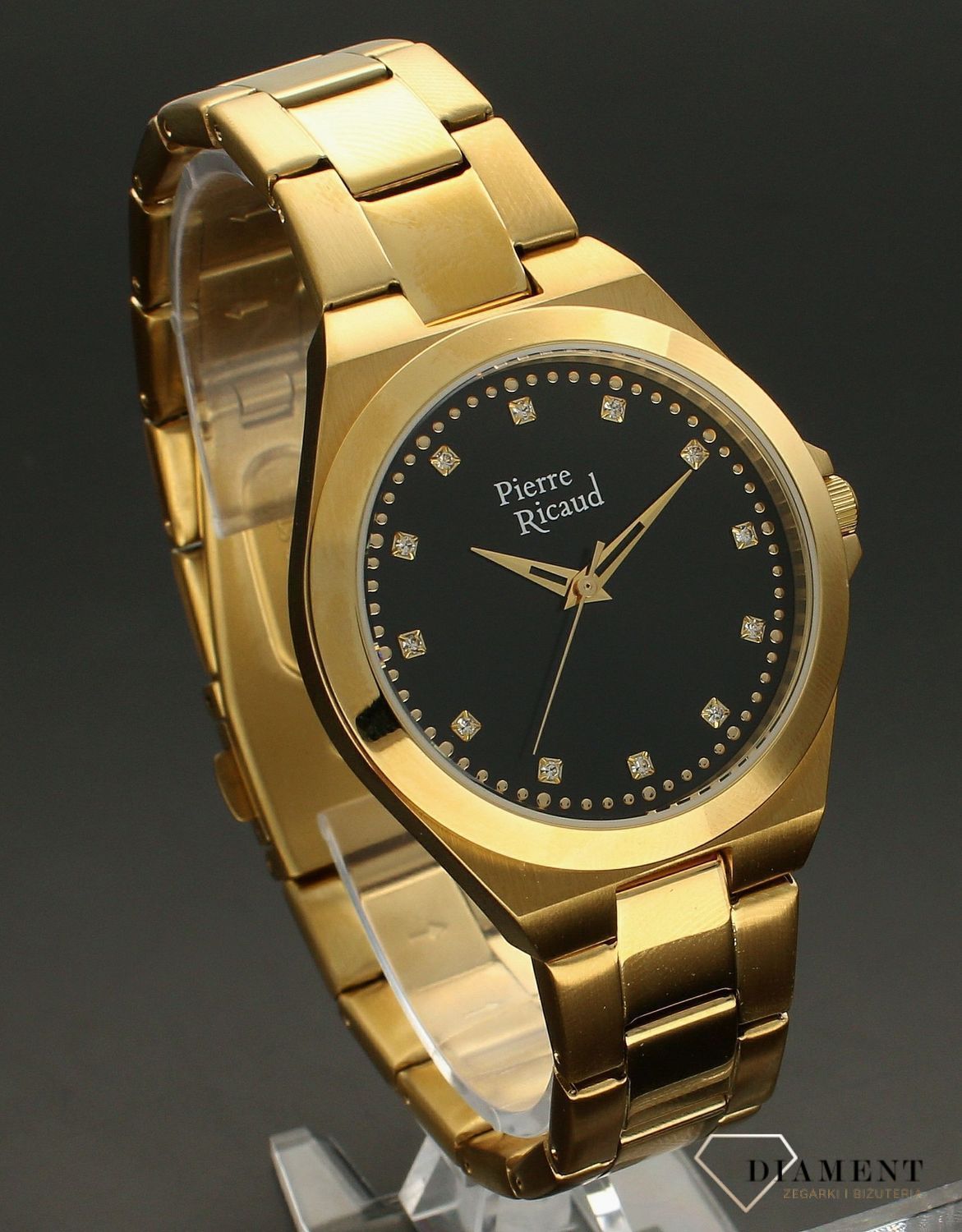 Zegarek damski na złotej bransolecie z czarną tarczą Pierre Ricaud szwajcar P23009.1144Q.webp