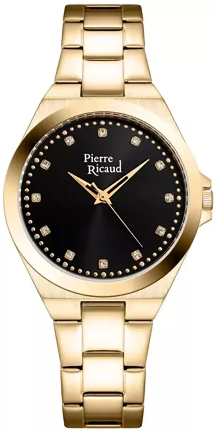 Zegarek damski na złotej bransolecie z czarną tarczą Pierre Ricaud szwajcar P23009.1144Q.webp