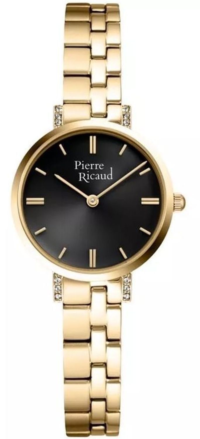 Damski zegarek Pierre Ricaud P23019.1114QZ Classic z czarną tarczą, złotą kopertą i cyrkoniami. Mechanizm kwarcowy, szkło mineralne i wodoszczelność 5 ATM. Elegancja i precyzja w jednym.1.jpg