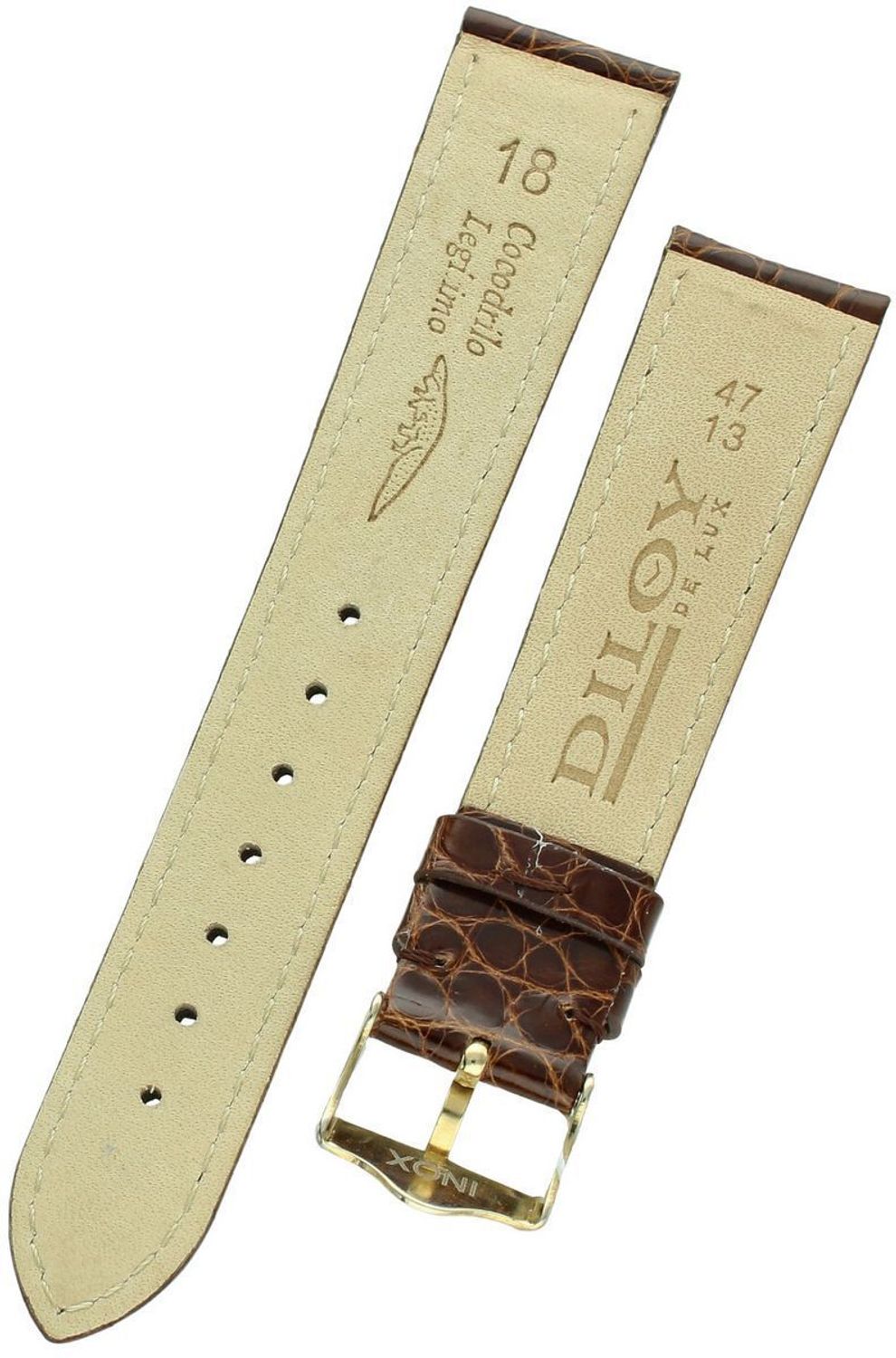 Ekskluzywny pasek do zegarka z wysokiej jakości skóry krokodyla, model P332.18.2, szerokość mocowania 18 mm, długość 85113 mm, stalowa sprzączka w złotym kolorze1.jpg