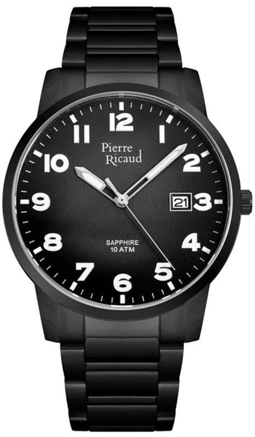 Zegarek męski Pierre Ricaud Classic z szafirowym szkłem P60045.B126Q.  Zegarek męski na bransolecie. Zegarek męski z szafirowym szkłem. Męski zegarek Pierre Ricaud z czarną tarczą. Zegarek męski stalowy na bransolecie idealny na prezent..jpg