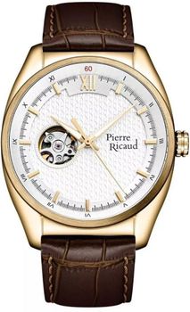 Pierre Ricaud P60052.1263A – elegancki zegarek automatyczny z białą tarczą typu open heart, złotą kopertą i paskiem ze skóry naturalnej. Szafirowe szkło i 2 lata gwarancji.1.jpg