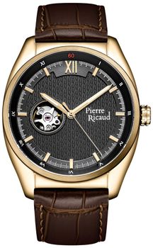 Zegarek męski Pierre Ricaud P60052.1266A – automatyczny mechanizm z 24 kamieniami, złota stal nierdzewna, szara tarcza, szafirowe szkło, skórzany pasek, wodoo1.jpg