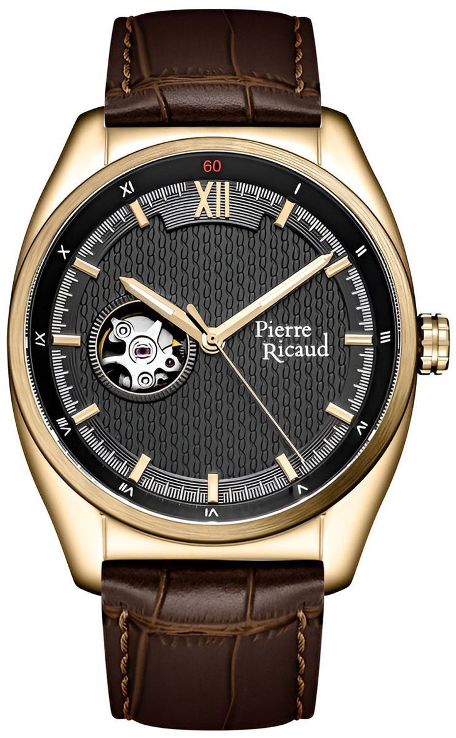 Zegarek męski Pierre Ricaud P60052.1266A – automatyczny mechanizm z 24 kamieniami, złota stal nierdzewna, szara tarcza, szafirowe szkło, skórzany pasek, wodoo1.jpg