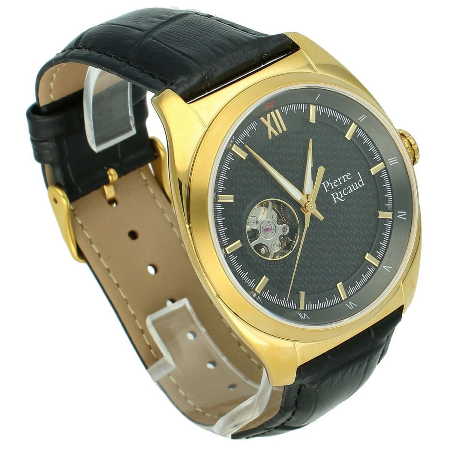 Zegarek męski Pierre Ricaud P60052.1266A – automatyczny, złota koperta, szara tarcza, szafirowe szkło, skórzany pasek (1).jpg