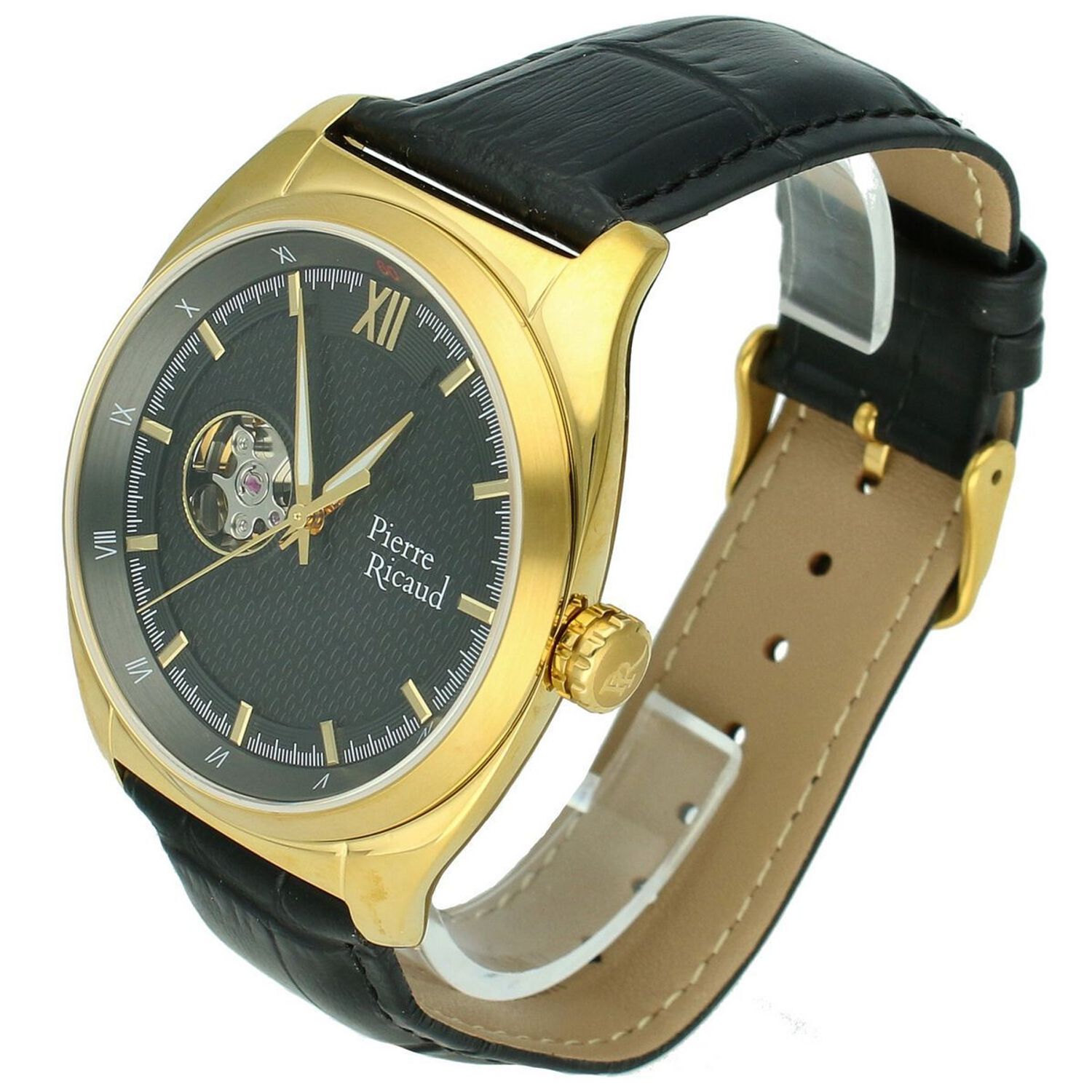 Zegarek męski Pierre Ricaud P60052.1266A – automatyczny, złota koperta, szara tarcza, szafirowe szkło, skórzany pasek (1).jpg