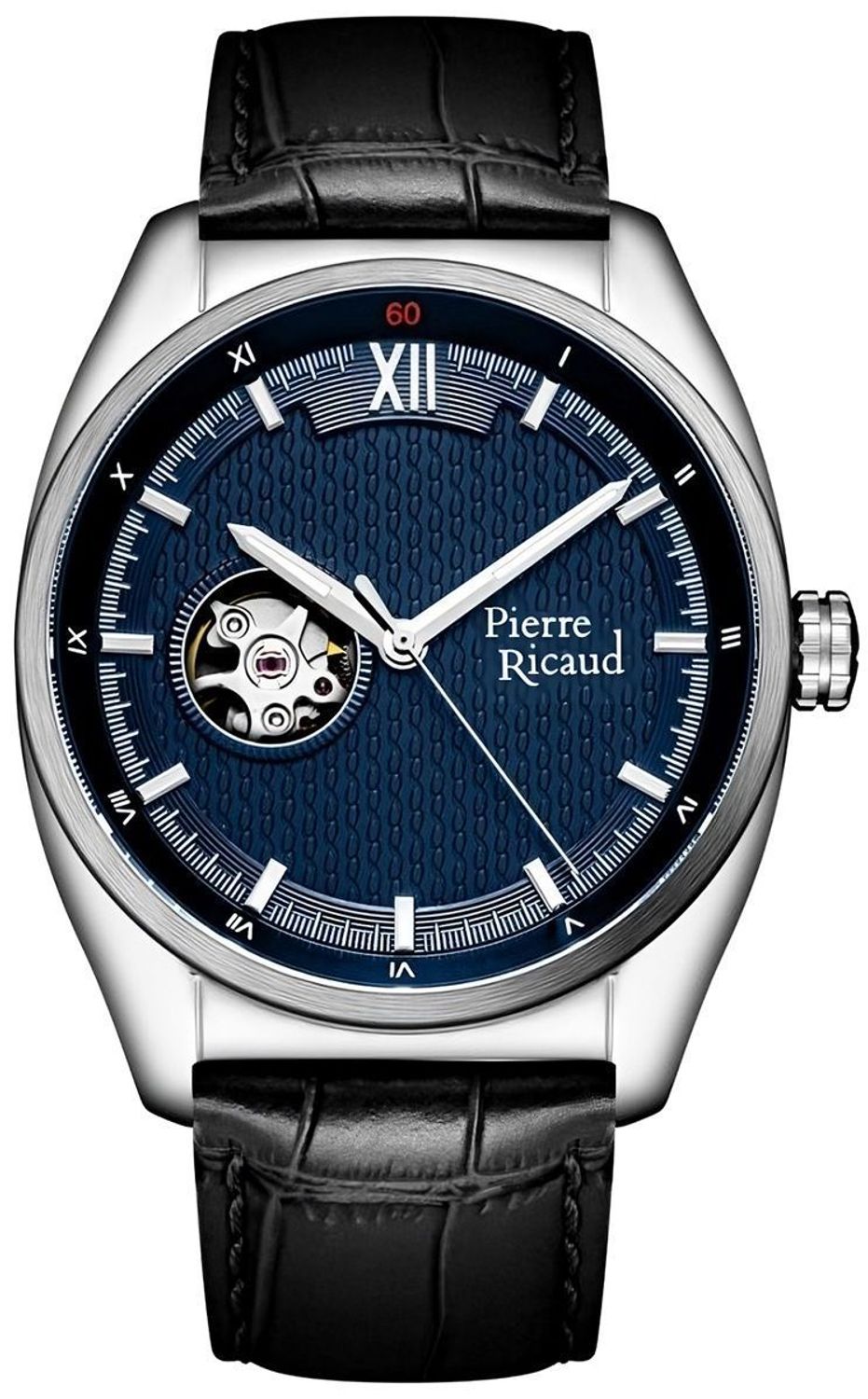 Zegarek męski Pierre Ricaud P60052.5265A – automatyczny mechanizm z 24 kamieniami, srebrna koperta ze stali nierdzewnej, niebieska tarcza open-heart, szafirowe szkło, skórzany pasek, 1.jpg