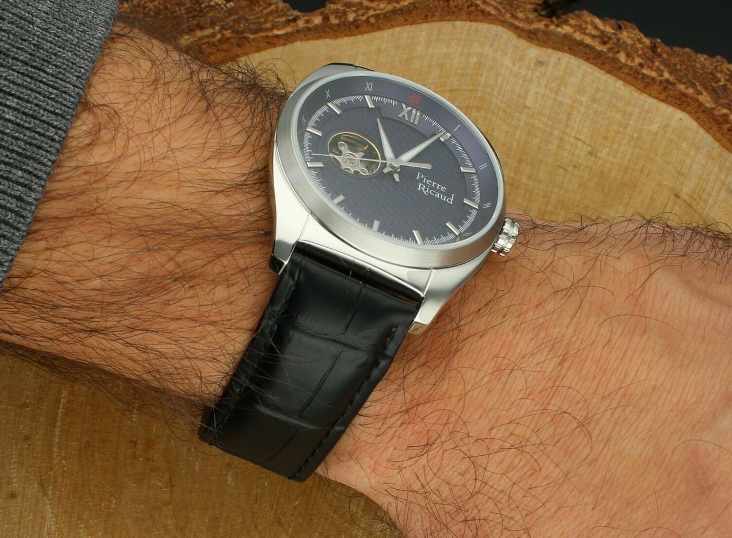 Zegarek męski Pierre Ricaud P60052.5265A – automatyczny mechanizm z 24 kamieniami, srebrna koperta ze stali nierdzewnej, niebieska tarcza open-heart, szafirowe szkło, skórzany pasek, 1.jpg