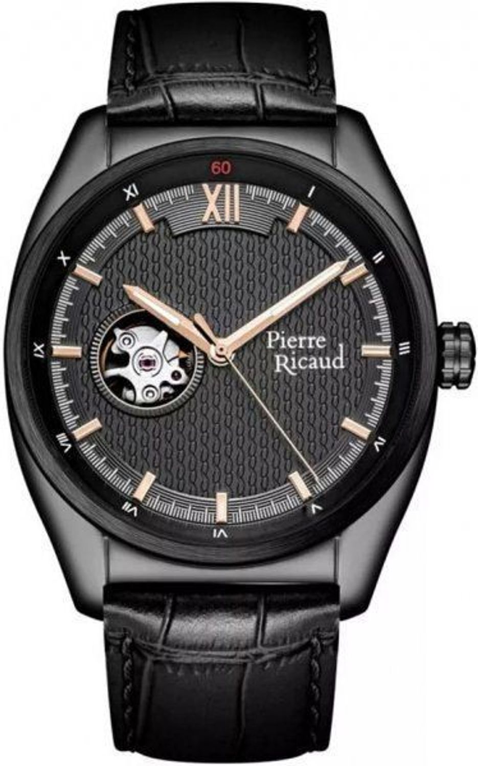 Pierre Ricaud P60052.S2R6A – elegancki zegarek automatyczny z czarną kopertą PVD, szarą tarczą i paskiem ze skóry naturalnej. Szafirowe szkło, stop sekunda, gwarancja 2 lata.1.jpg