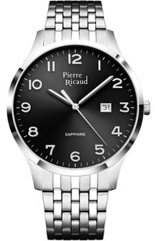 Zegarek męski Pierre Ricaud P60056.5124Q – elegancki model ze stalową kopertą i bransoletą, czarną tarczą, szafirowym szkłem i mechanizmem kwarcowym. 1.jpg