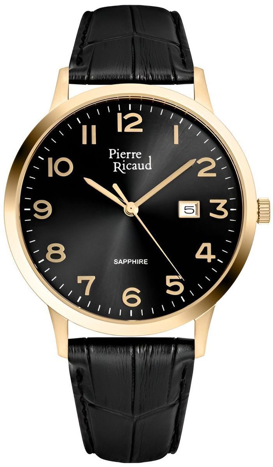 Pierre Ricaud P91022.1224Q – elegancki zegarek kwarcowy z czarną tarczą, złotą kopertą i paskiem ze skóry naturalnej. Szafirowe szkło, okienko datownika, odporność na zachlapania, 1.jpg